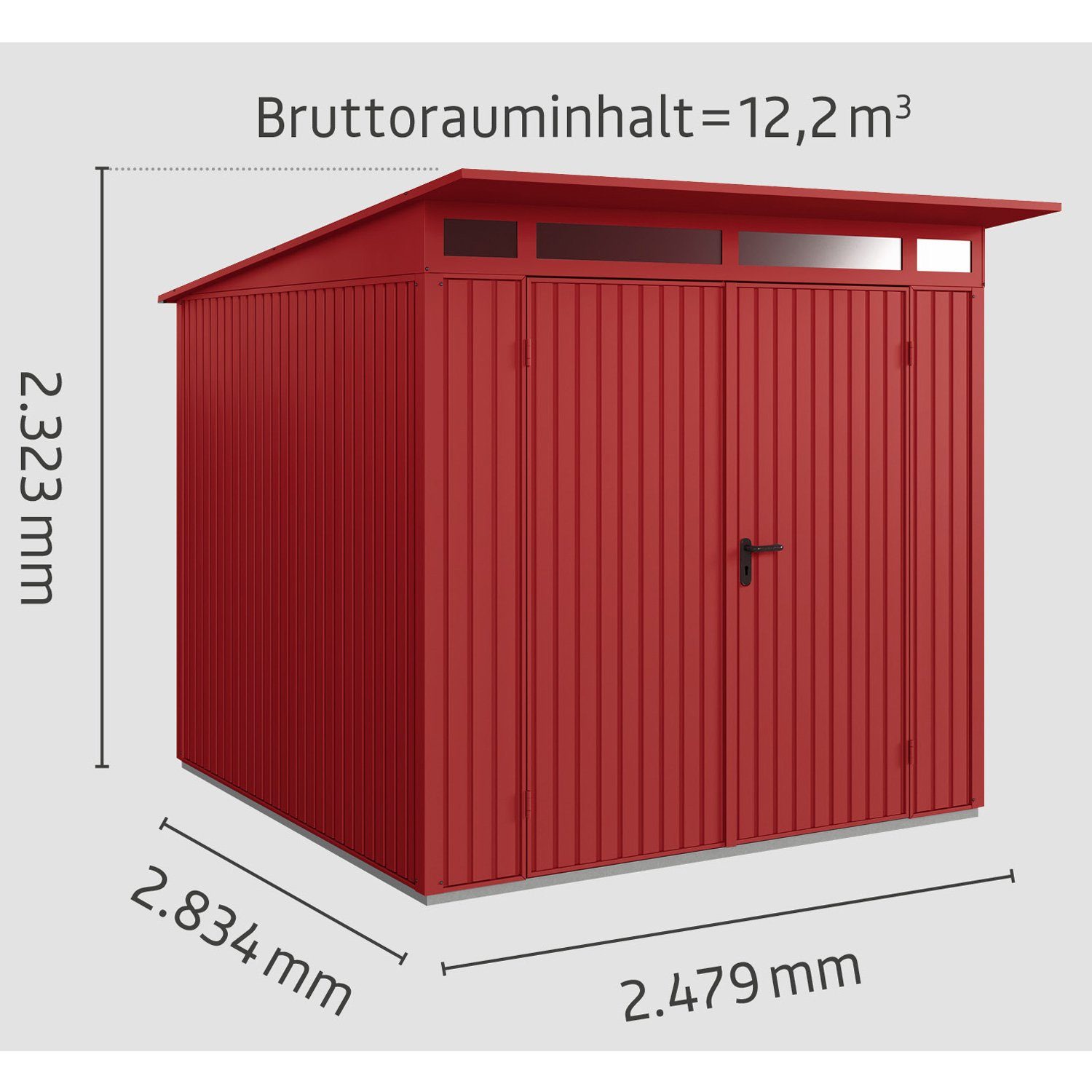 Hörmann Ecostar Gerätehaus Metall-Gerätehaus Trend Pultdach Tür mit purpurrot Typ 2-flüglige 2