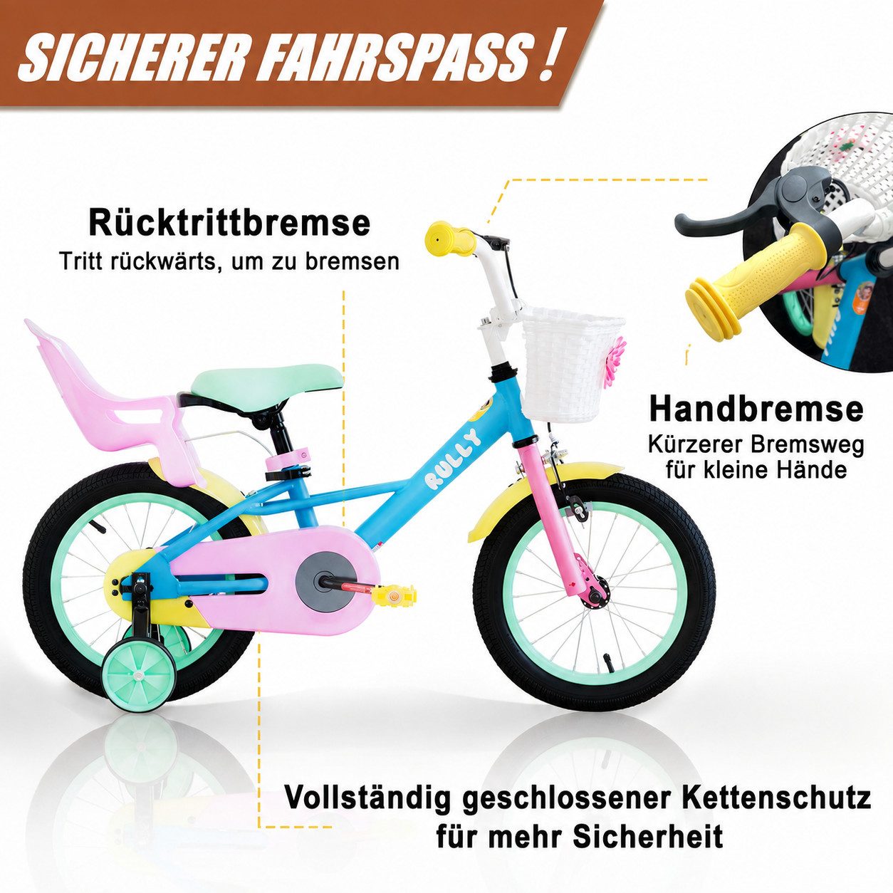 RULLY Kinderfahrrad Kinderfahrrad für Mädchen 12/14/16 Zoll, 2–7 Jahre, 1 Gang, Mit Korb, Puppensitz, Stützrädern, Schutzblech & Klingel