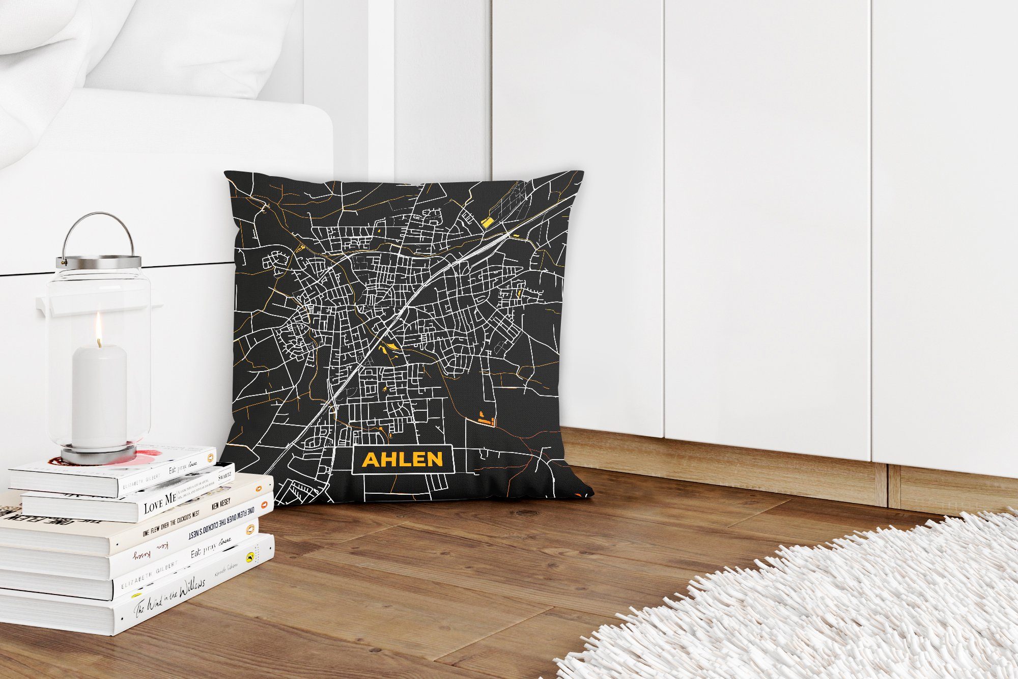 MuchoWow Dekokissen Schwarz und Zierkissen Füllung Deutschland Deko, Sofakissen Karte, - - Schlafzimmer, Wohzimmer, Ahlen - mit - Stadtplan für Gold