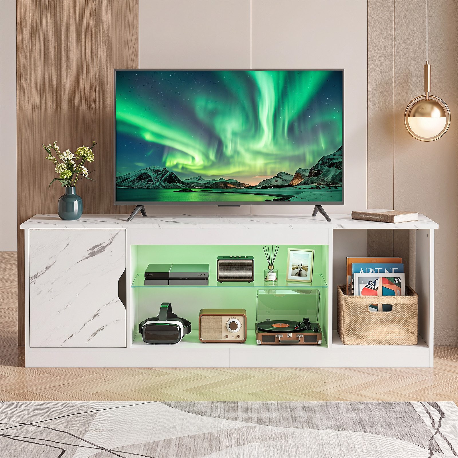 COSTWAY TV-Schrank in Wohnzimmer, mit LED Holz TV-Ständer mit verstellbarer Glasablage