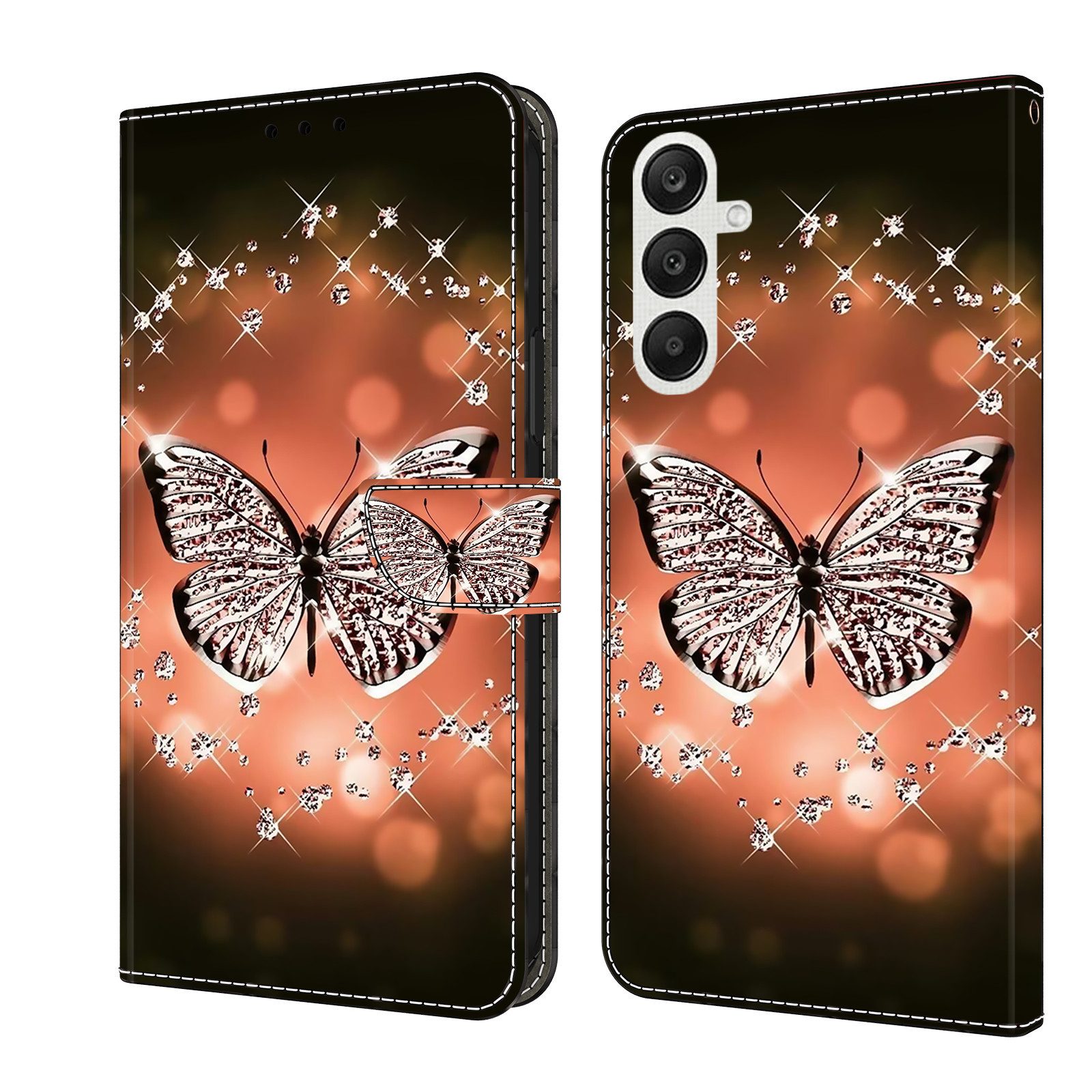 CLM-Tech Handytasche für Samsung Galaxy A36 5G Hülle aus PU-Leder Klapphülle (Schmetterling Diamanten Muster, Handyhülle mit Standfunktion - Wallet Flip Case inklusive Kartenfächer), Cover mit Magnetverschluss Samsung Galaxy A36 5G Schutzhülle