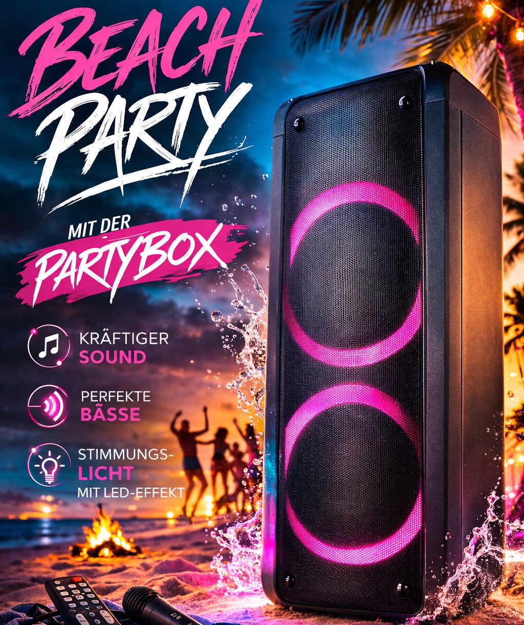 Reflexion PS09BT mit rotierenden Lichteffekten Party-Lautsprecher Stereo (Bluetooth, 500 W, Bluetooth, Radio, Karaoke, Disco-Licht Effekte, Micro-SD Slot)