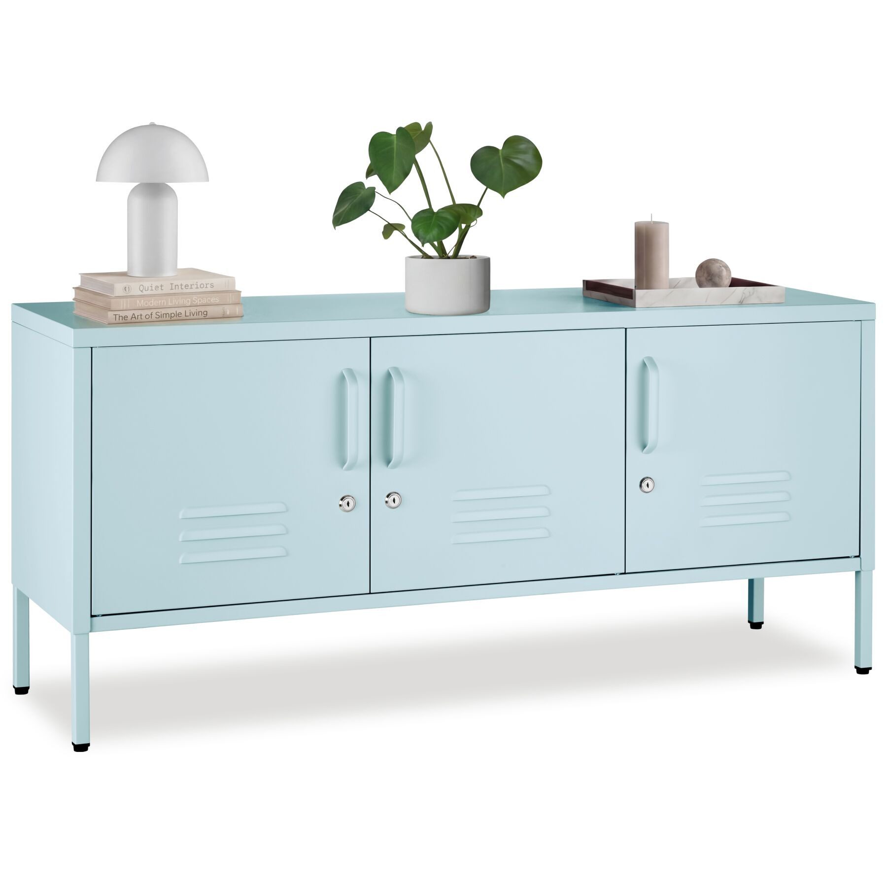 tectake Lowboard Metall Sideboard mit 3 Türen, Magnetverschluss, verstellbar (Aufbewahrungsmöbel Baker, in Grau/blau), abschließbar, Kabelführung, Kippschutz, höhenverstellbare Füße