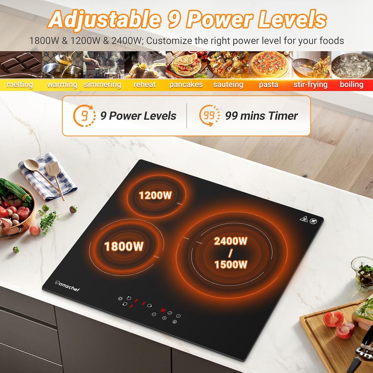 AMZCHEF Elektro-Kochfeld Glaskeramikkochfeld autark 3 Kochzonen 5400W, 9 Leistungsstufen CE-HT5419B3E-2, 99-Minuten-Timer, Kindersicherung, Restwärme- und Überh – Bild 3 von 5