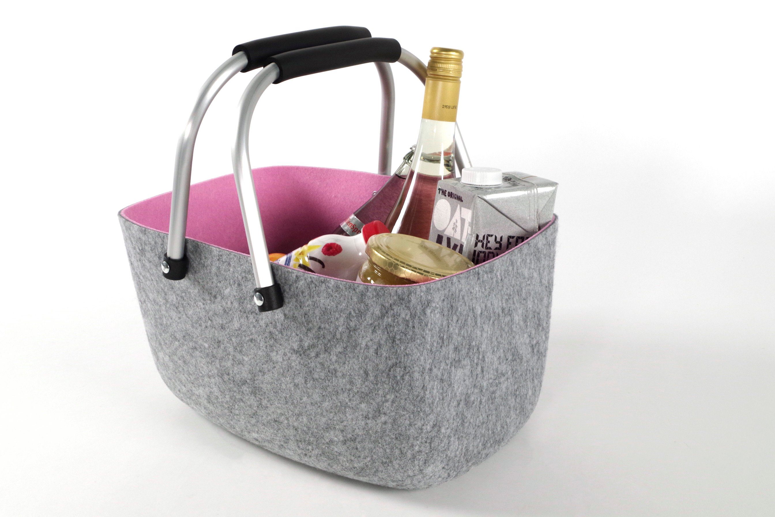 Kobolo Einkaufskorb Filzkorb aussen grau innen rosa mit klappbaren Aluhenkeln, 12,5 l