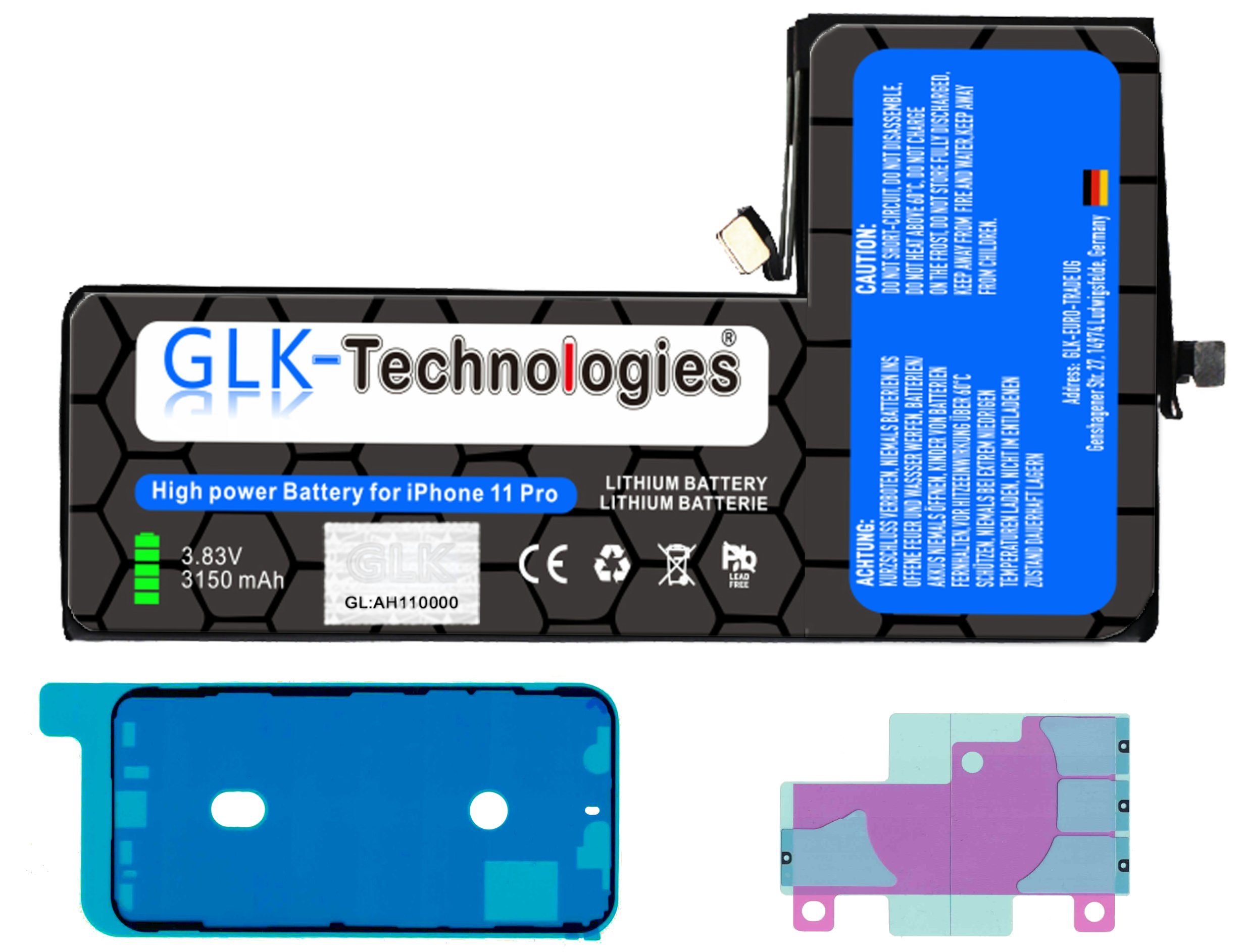 GLK-Technologies High Power Ersatz Akku für Apple iPhone 11 Pro inkl. 2X Klebebandsätze Smartphone-Akku 3150 mAh (3,8 V)