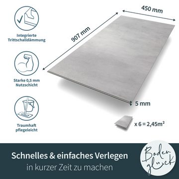 Bodenglück Vinylboden Klick-Vinyl Nordhorn, Grau Beton, Fliesenoptik mit Trittschalldämmung, 907 x 450 x 5 mm, Paketpreis für 2,45m², TÜV geprüft