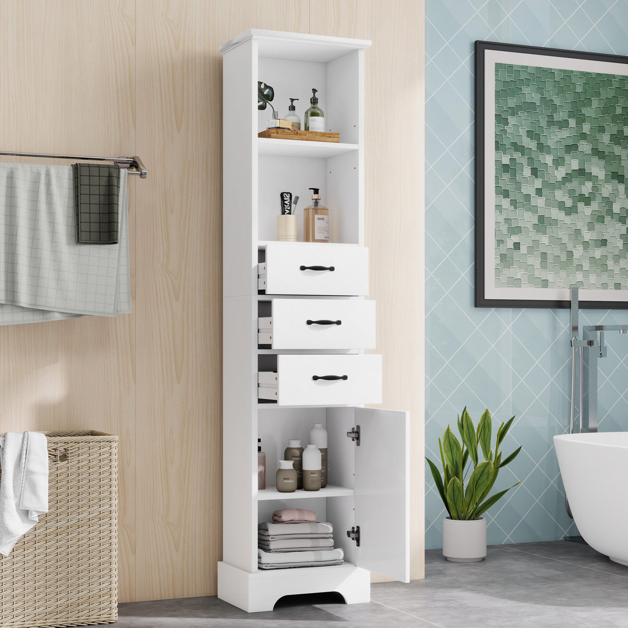 Flieks Badkommode Badezimmerschrank Hochschrank mit Feuchtigkeitsbeständigkeit (1 St., 38x26x172,5 cm), Mehrzweckschrank mit Schubladen und verstellbaren Einlegeböden Weiß
