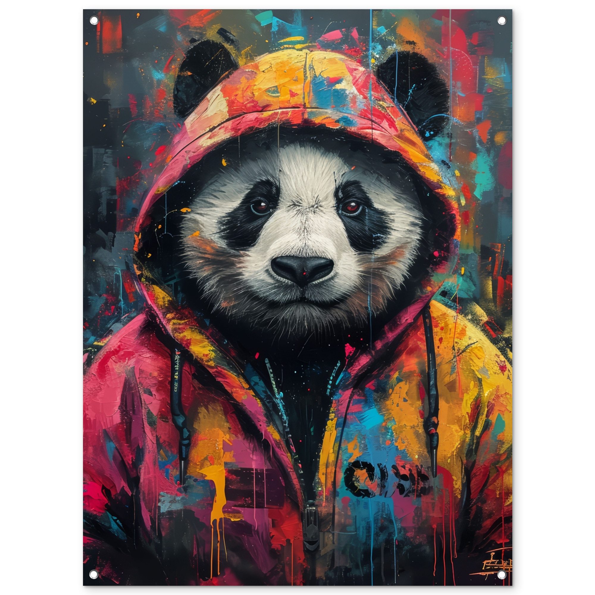 OnlyWow Poster für Garten Graffiti - Panda - Mantel - Bunt - Straßenkunst, Gartenposter, Outdoor Bilder, Gartendeko für draußen, 90x120 cm