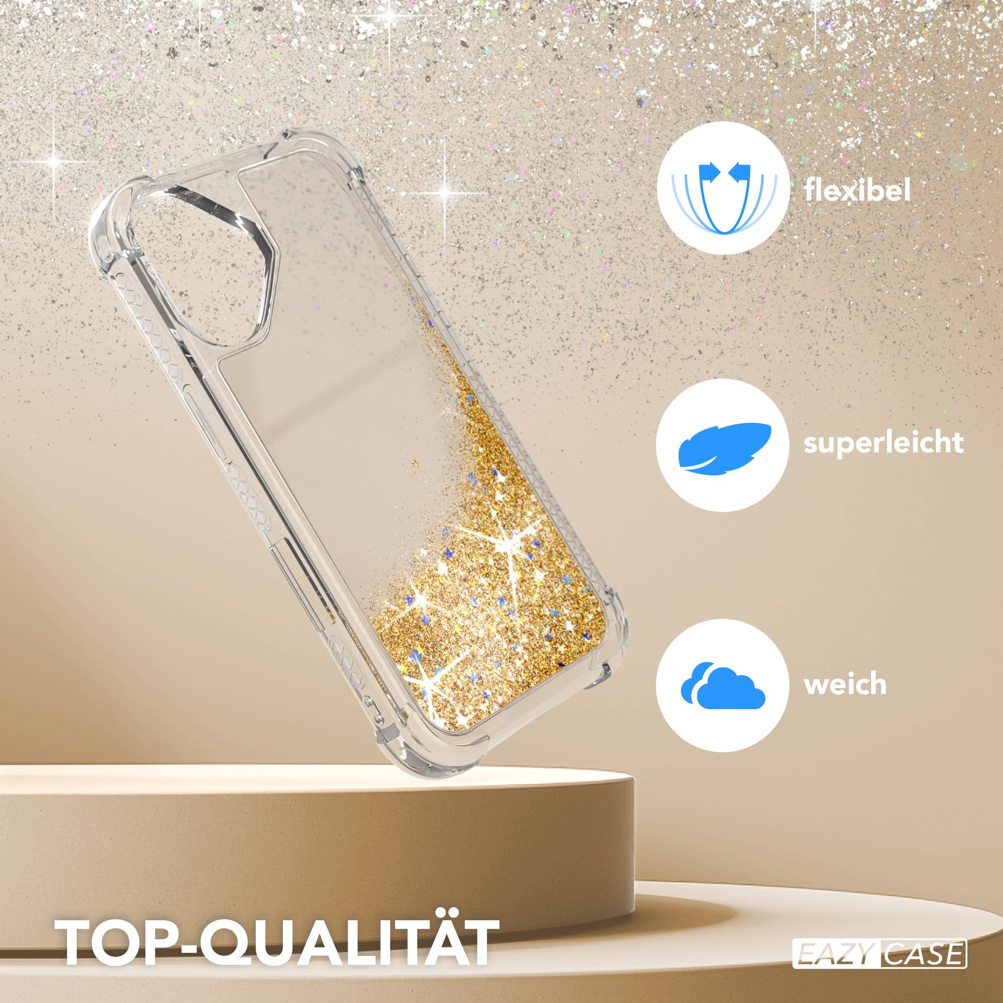 EAZY CASE Handyhülle Liquid Glittery Case für Apple iPhone 16 6,1 Zoll, Durchsichtig Back Case Handy Softcase Silikonhülle Glitzer Cover Gold