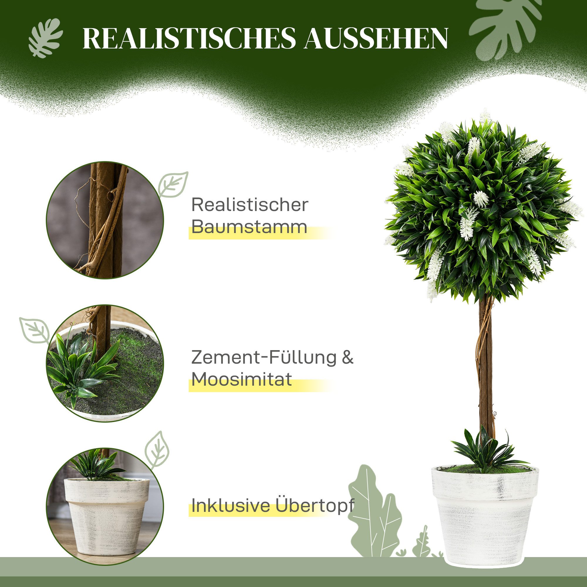 Kunstpflanze Künstliche Lavendel 2er-Set groß mit UV Schutz im Topf, wie echt Lavendelbäume, HOMCOM, Höhe 60 cm, für Wohnzimmer Schlafzimmer Büro Garten moderne – Bild 4 von 5