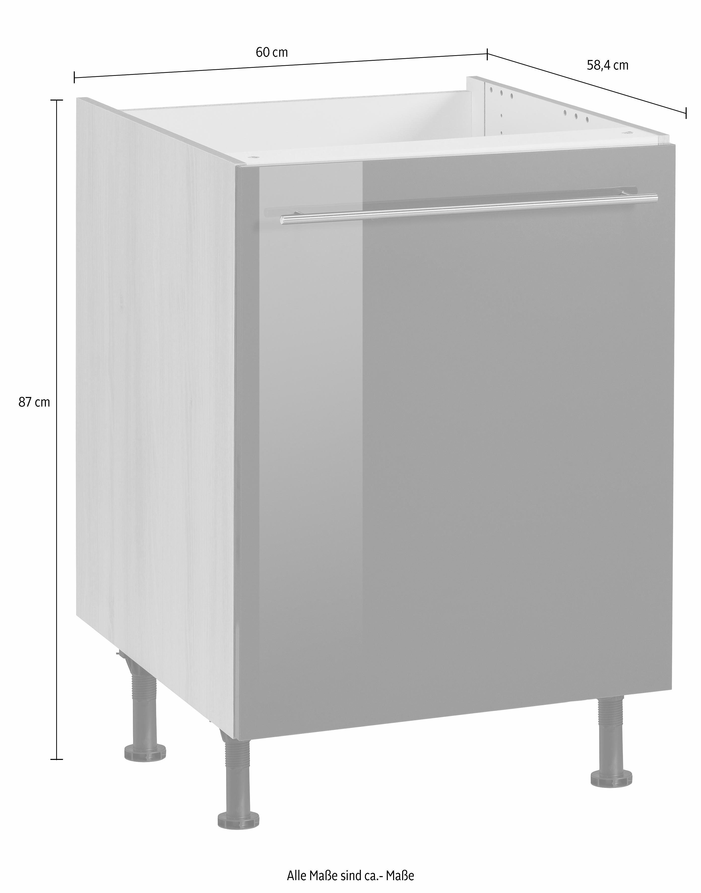 OPTIFIT Spülenschrank Bern weiß mit breit, Hochglanz/akaziefarben Metallgriff akaziefarben mit cm | Tür, 60 1 Füßen, höhenverstellbaren mit