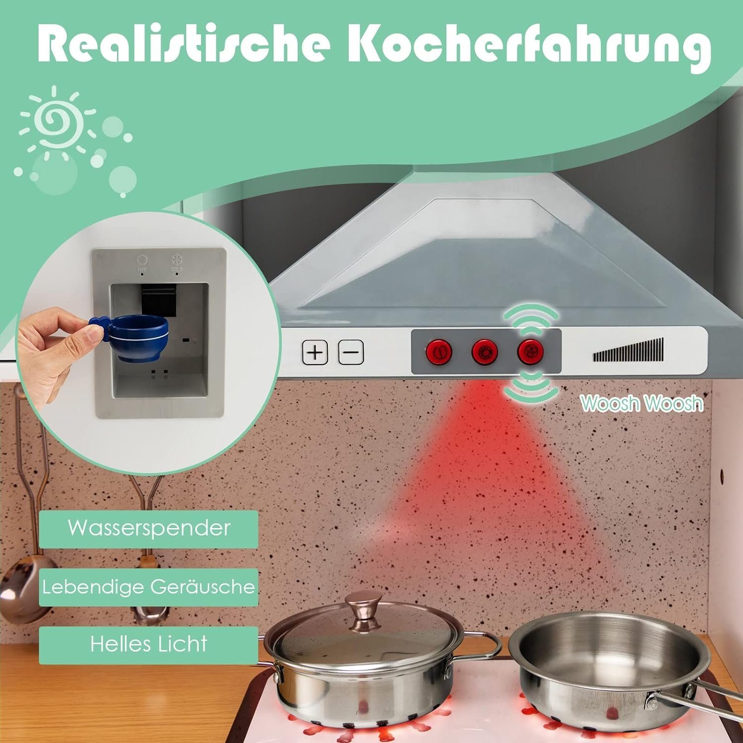 KOMFOTTEU Spielküche Kinderküche Küchenspielset, mit Spüle, Herd, Waschmaschine & Wasserspender