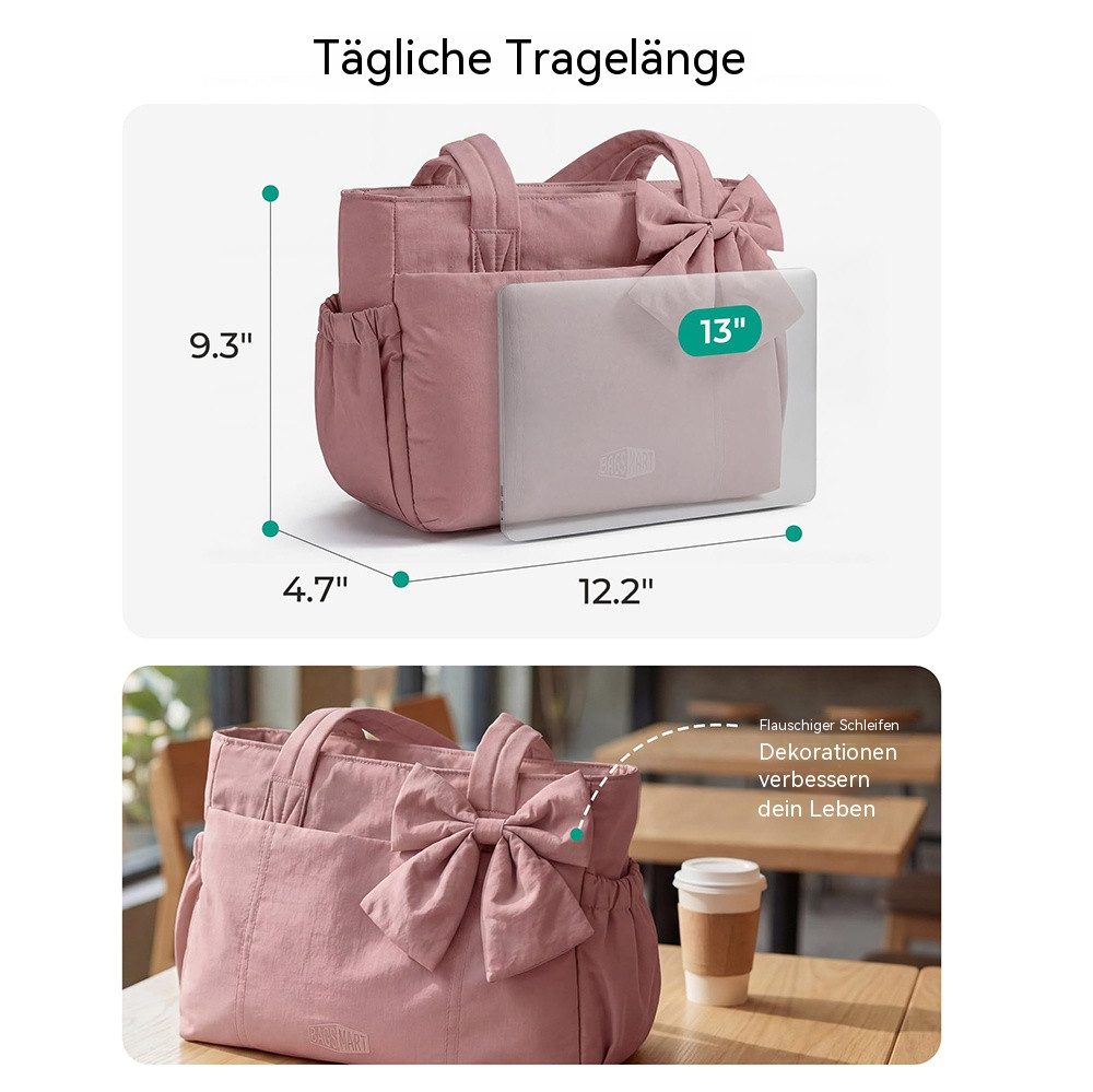 nsihing Umhängetasche Damen Schultertasche mit Schleife,große Tragetasche,30x10x25cm, Mit Laptopfach und Reißverschluss für Schule Arbeit Reisen – Bild 2 von 5