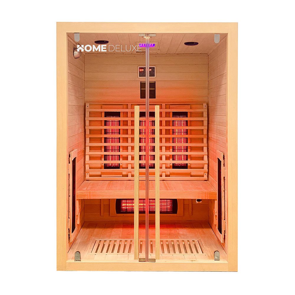 HOME DELUXE Infrarotkabine SONORA - M, BxTxH: 135,00 x 105,00 x 190,00 cm, (USB-Anschluss & Bluetooth, LED-Farblicht, inkl. Ionisator mit Ozondesinfektion, FM-Radio mit MP3-Funktion) 6 Vollspektrumstrahler, für 2 Person, hochwertiges Hemlockholz