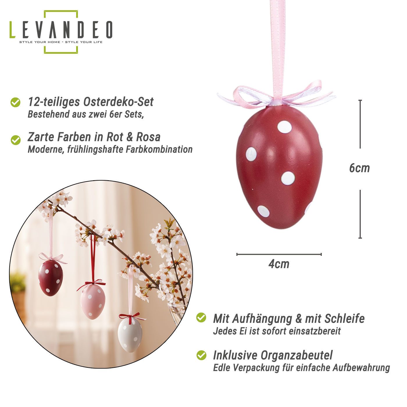 Levandeo® Osterei, 12er Set Deko Eier Hängedeko Ostern Rosa Rot Weiß Punkte