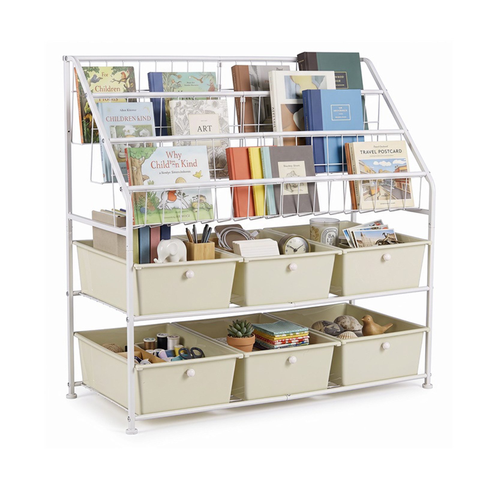 COSTWAY Bücherregal Kinder mit 3 Fächern & 6 Boxen, Weiß, Kinderregal Metall