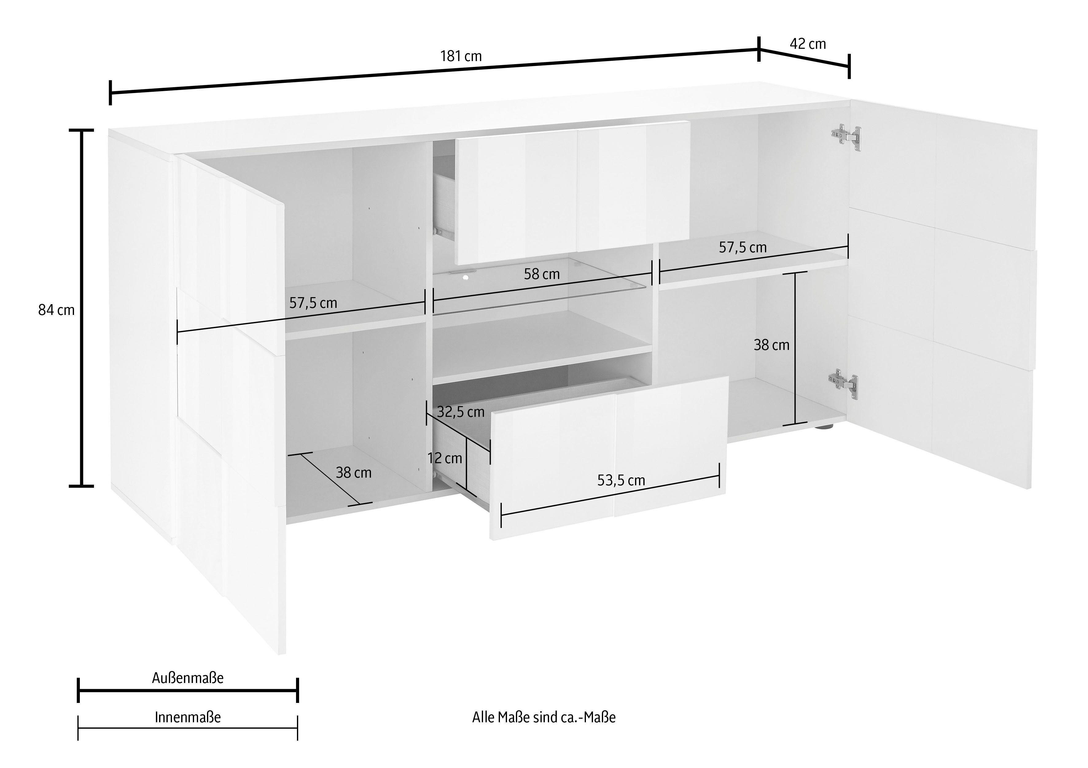 Home affaire Sideboard Dama Breite 181, Kommode 2 Türen u. 2 Schubkästen, Anrichte, Front in 3D-Optik, viel Stauraum, verschiedene Farben