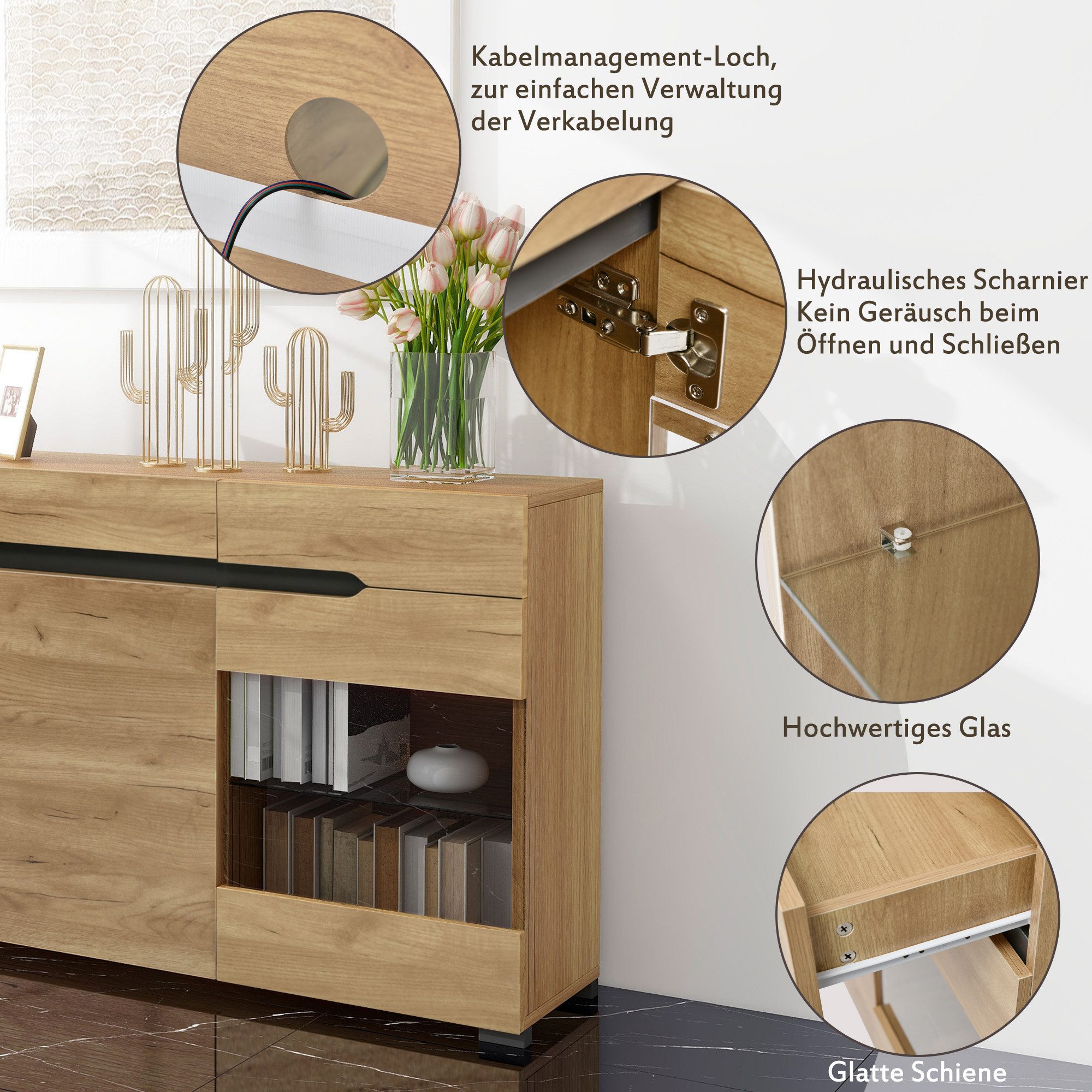 Merax Sideboard Wildeiche Farbe mit LED, Anrichte mit Glasablage, Kommde mit 3 Schubladen und 6 Fächern,B/H/T: 140/80/35cm