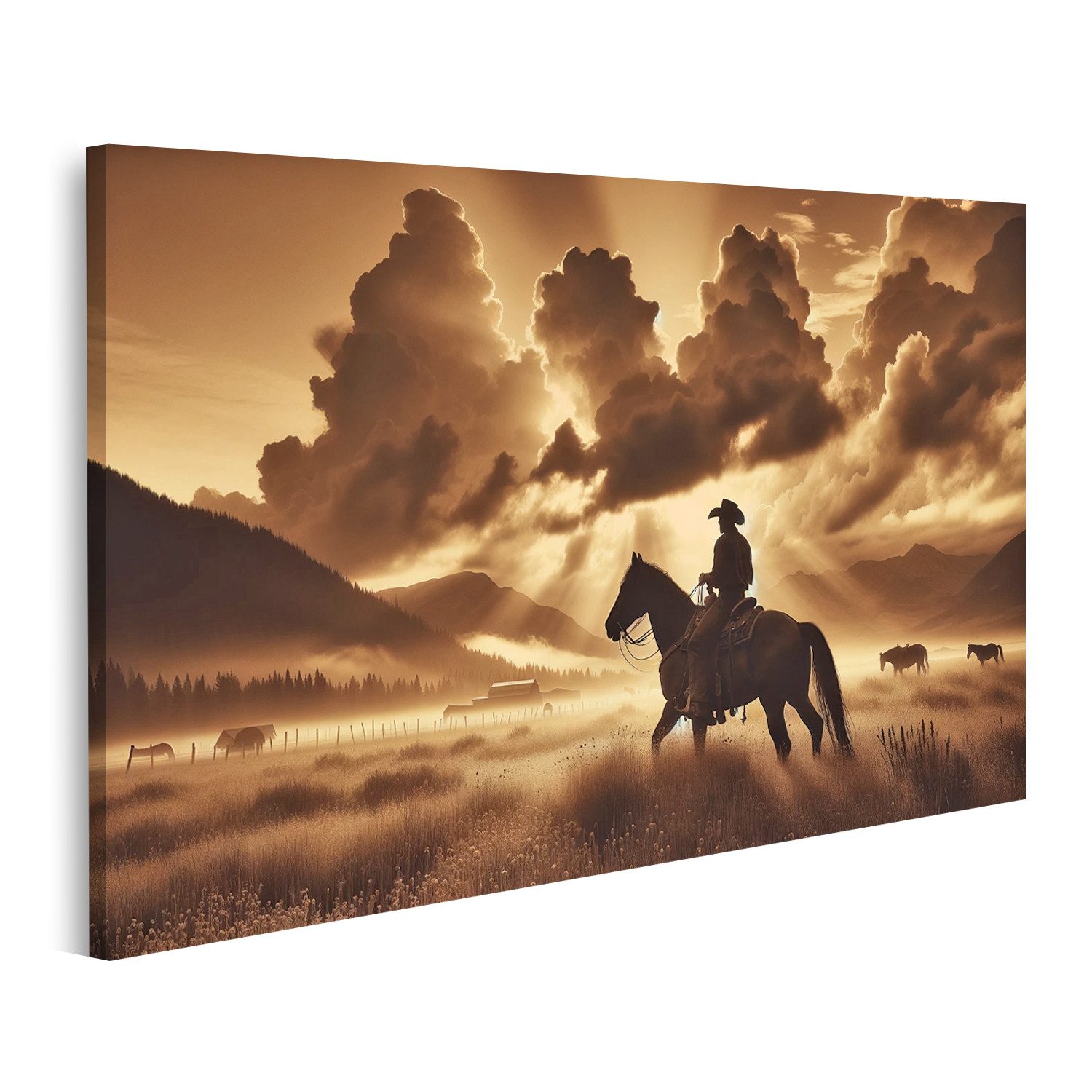 islandburner Leinwandbild Cowboy Pferd bei Sonnenaufgang günstig online kaufen