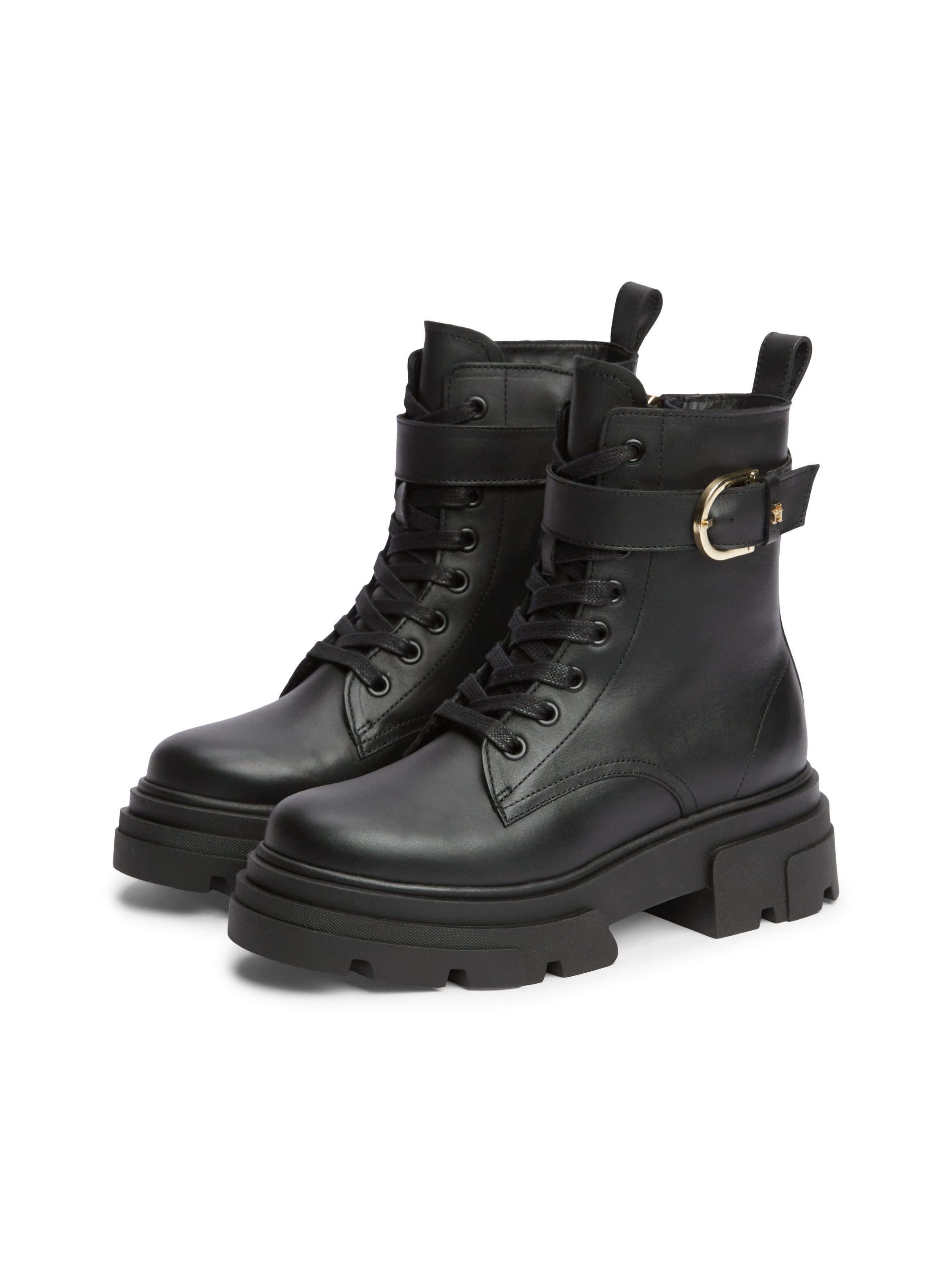Tommy Hilfiger LEATHER TH BUCKLED LACE-UP BOOT Schnürstiefelette Blockabsatz, Schnürboots mit verstellbarer Schnalle