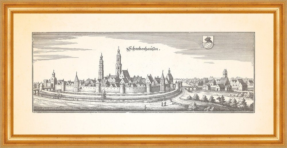 Kunstdruck Schrobenhausen Paar Jakobskirche Stadtwall Kupferstich Merian 0324 Ger