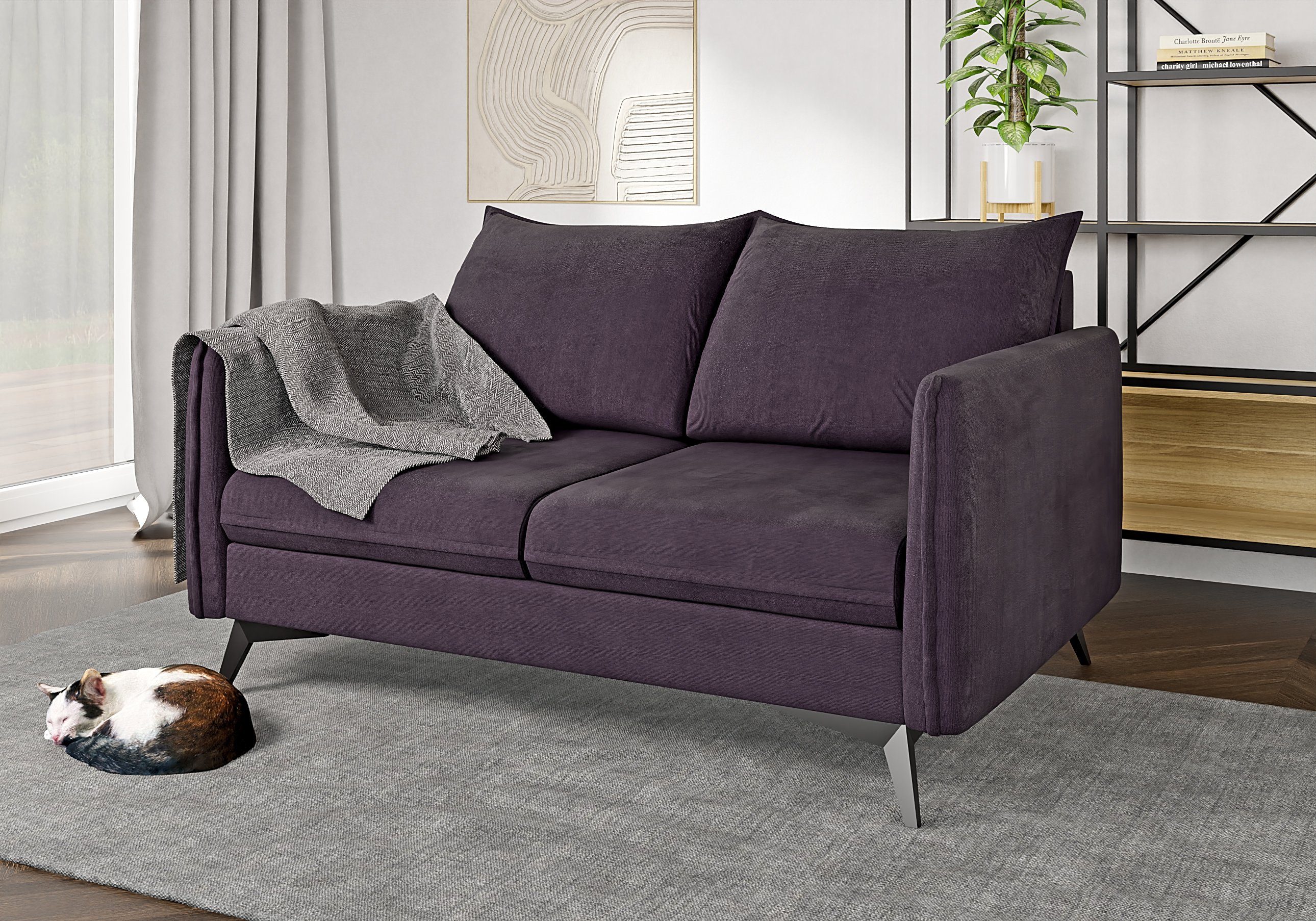 2-Sitzer Wellenfederung Azalea mit Lila Sofa Füßen, S-Style Modernes Metall Möbel Schwarz mit