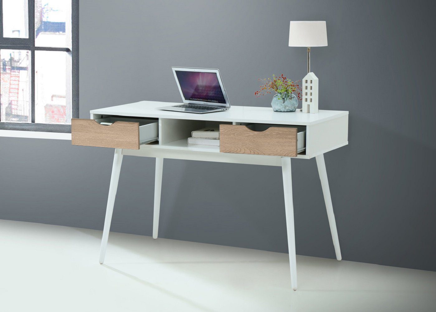 Schubladen, Schreibtisch Design, loft24 mit Skandinavisches Breite 2 120 Sebi, cm Computertisch