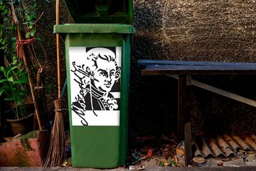 MuchoWow Wandsticker Illustration von Mozart und seiner Unterschrift in schwarz-weiß (1 St), Mülleimer-aufkleber, Mülltonne, Sticker, Container, Abfalbehälter