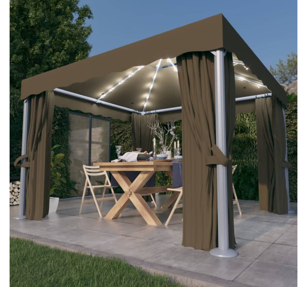 Thumbnail - vidaXL Pavillon, Partyzelt mit Vorhängen & LED-Lichterkette 3x3 m Taupe