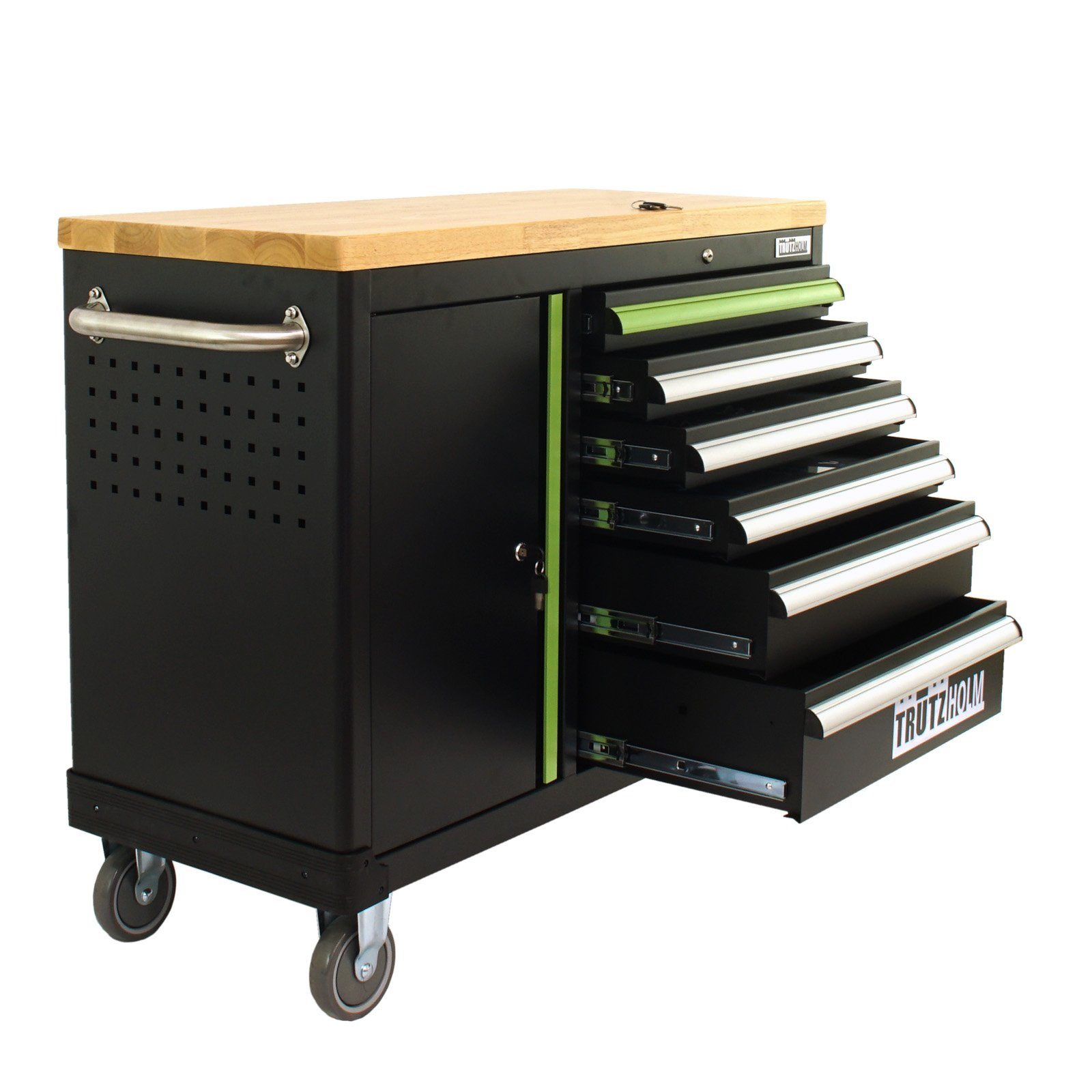 TRUTZHOLM Werkstattwagen DELUXE 6 Schubladen + Tür - 219tlg. bestückt anthrazit/grün, auf Rollen, max. Traglast:400 kg, 219-tlg. Werkzeugset, (Set, 219-tlg), 4 Schubladen sind mit 219 tlg. professionelles Werkzeug bestückt!