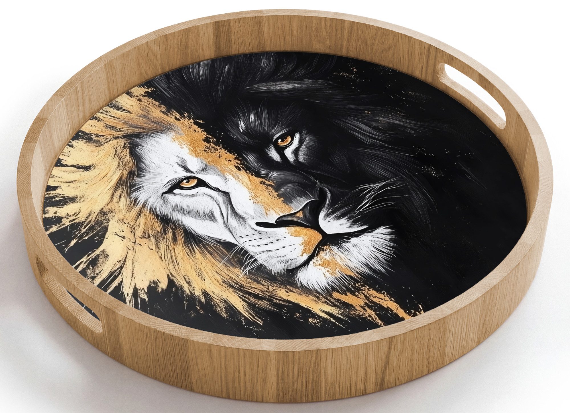 OnlyWow Tablett Rund mit Henkel Löwe - Split - Schwarz - Linie, Eichenholz, (1-tlg), Siervierplatte, Tray, Frühstücksbrett