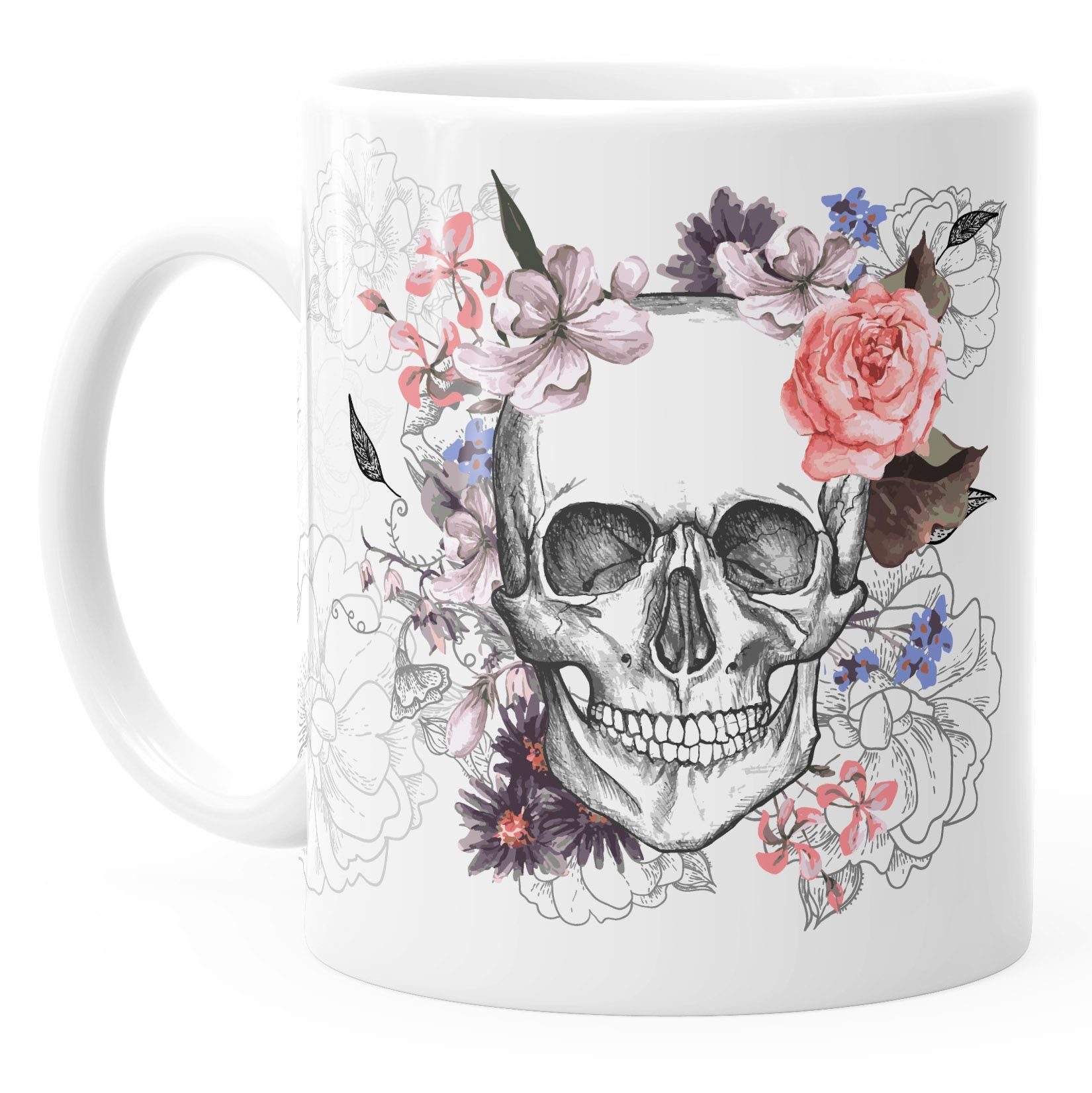 Flower Keramiktasse Tasse Totenkopf Schädel mit Teetasse Blumen Keramik, aus Autiga Autiga®, Aufdruck Skull Kaffee-Tasse Boho Keramik
