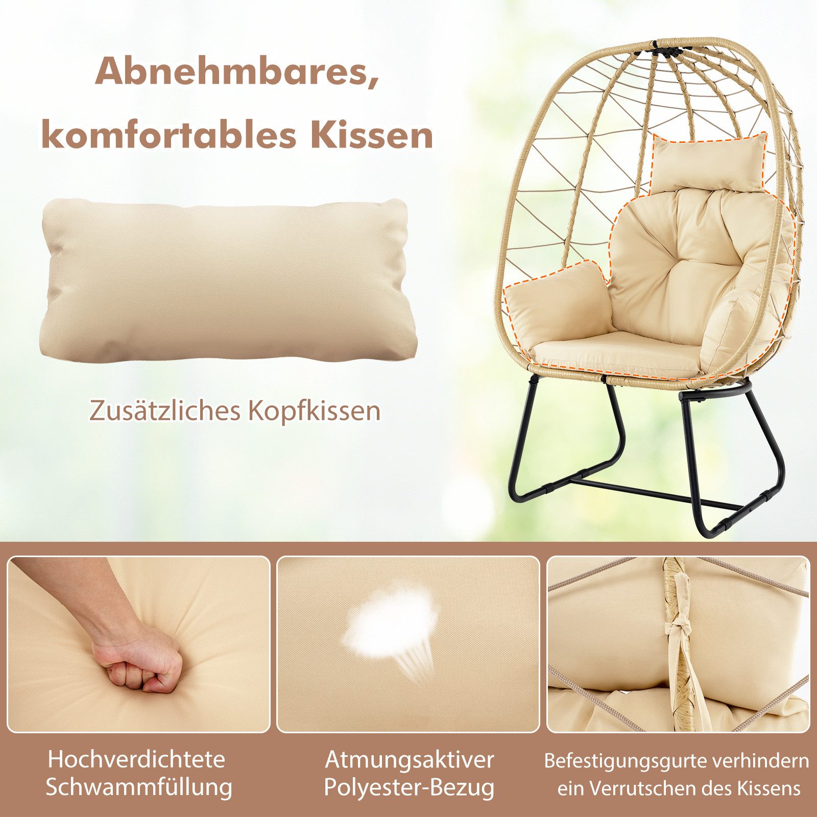 COSTWAY Hängesessel, Korbsessel mit Kissen, aus Rattan & Metall
