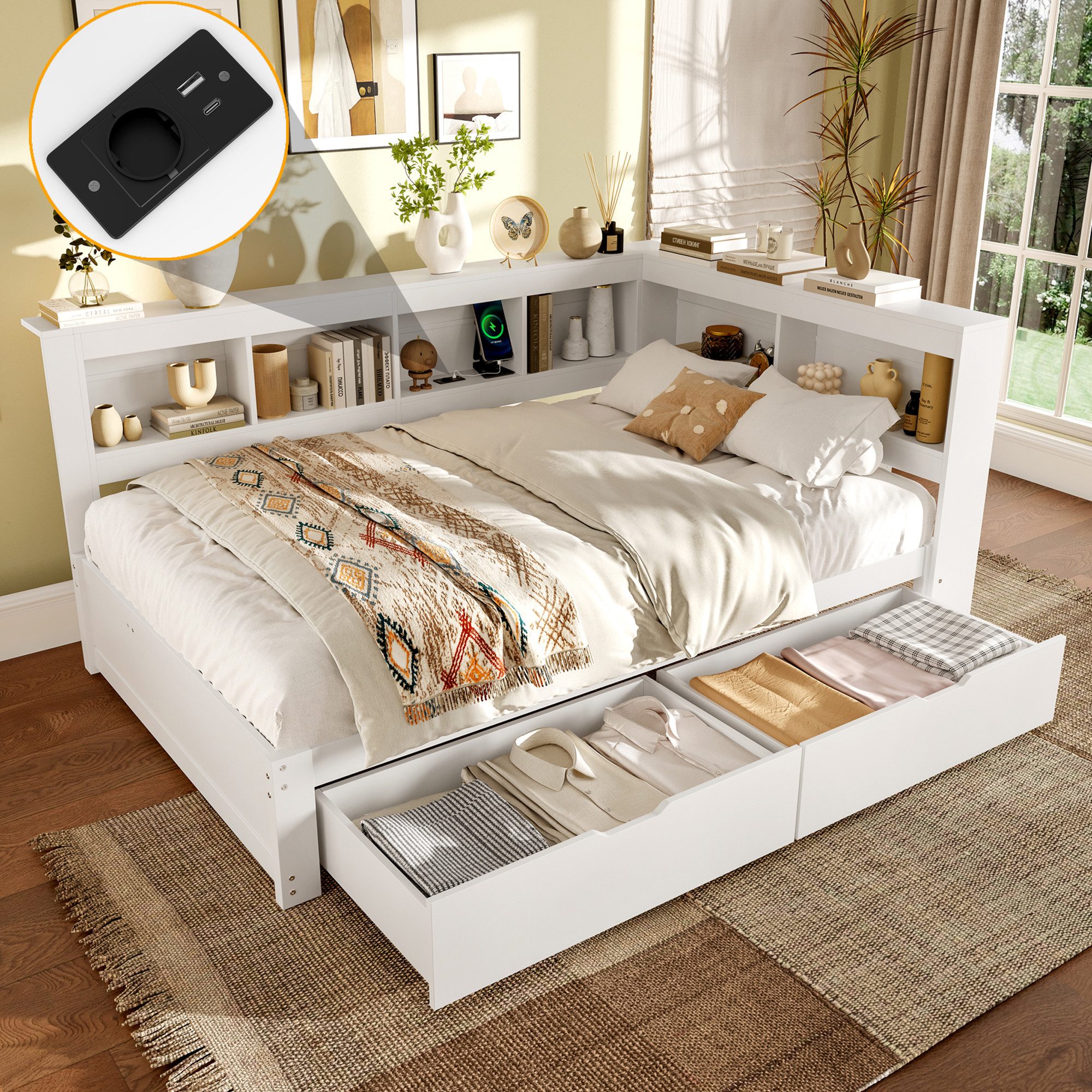 Merax Daybett mit Steckdose und 2 USB-Anschlüssen (Kiefer Sofabett Kinderbett Jugendbett, 1 tlg), Schlafsofa Tagesbett 140x200cm mit 2 Schubladen, Regale und Staufächer
