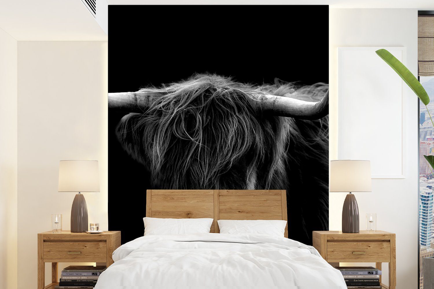 MuchoWow Fototapete Schottischer Highlander - Hörner - Schwarz - Tiere - Natur - Wild -, Matt, bedruckt, (4 St), Montagefertig Vinyl Tapete für Wohnzimmer, Wandtapete