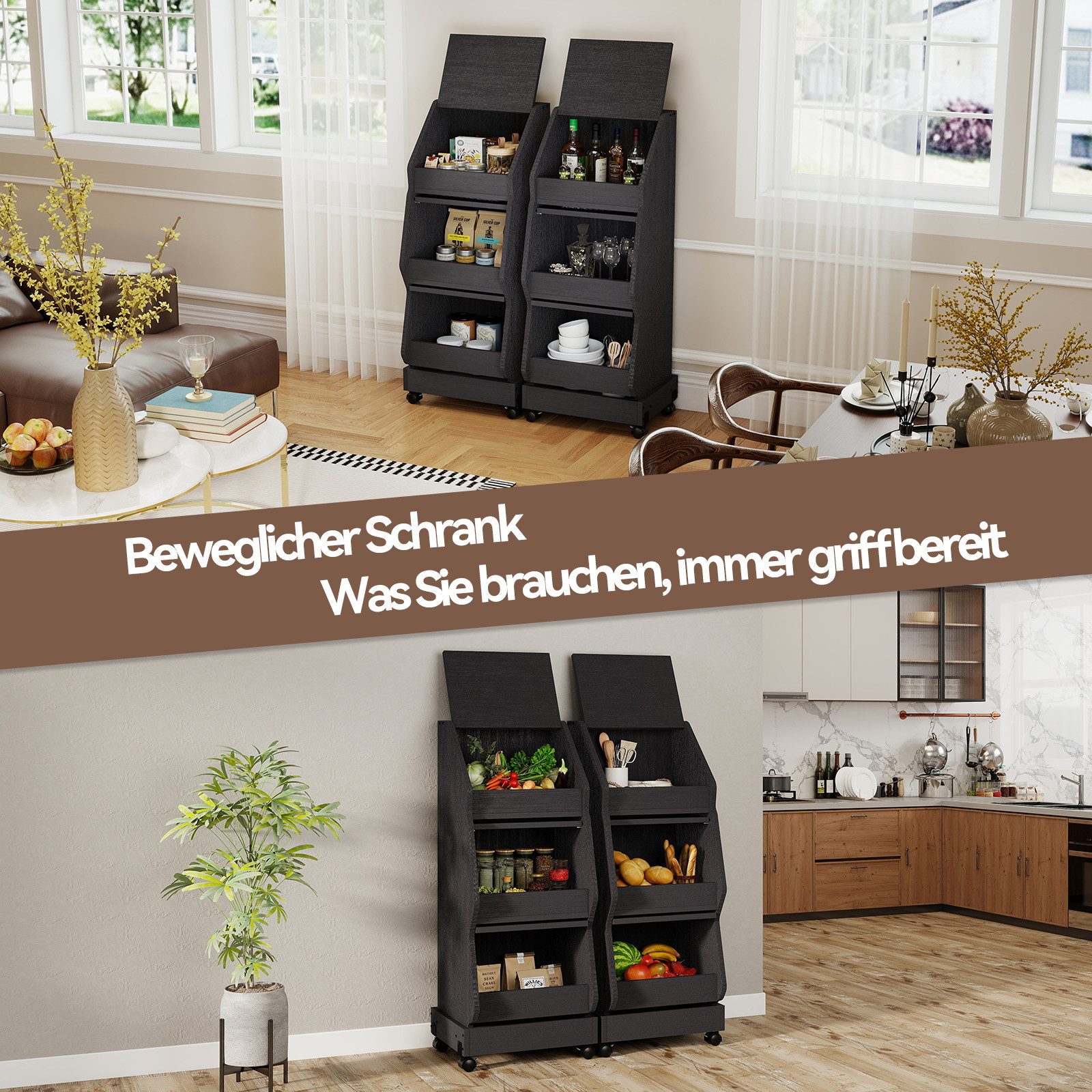 Puluomis Vorratsdose Vorratsdose Kartoffelbox, Gemüsebox mit Rollen, Kartoffelkiste, (Gemüsebehälter mit Belüftung und Brotfach, Aufbewahrung von Gemüse und Obst, Kartoffelbox braun schwarz)