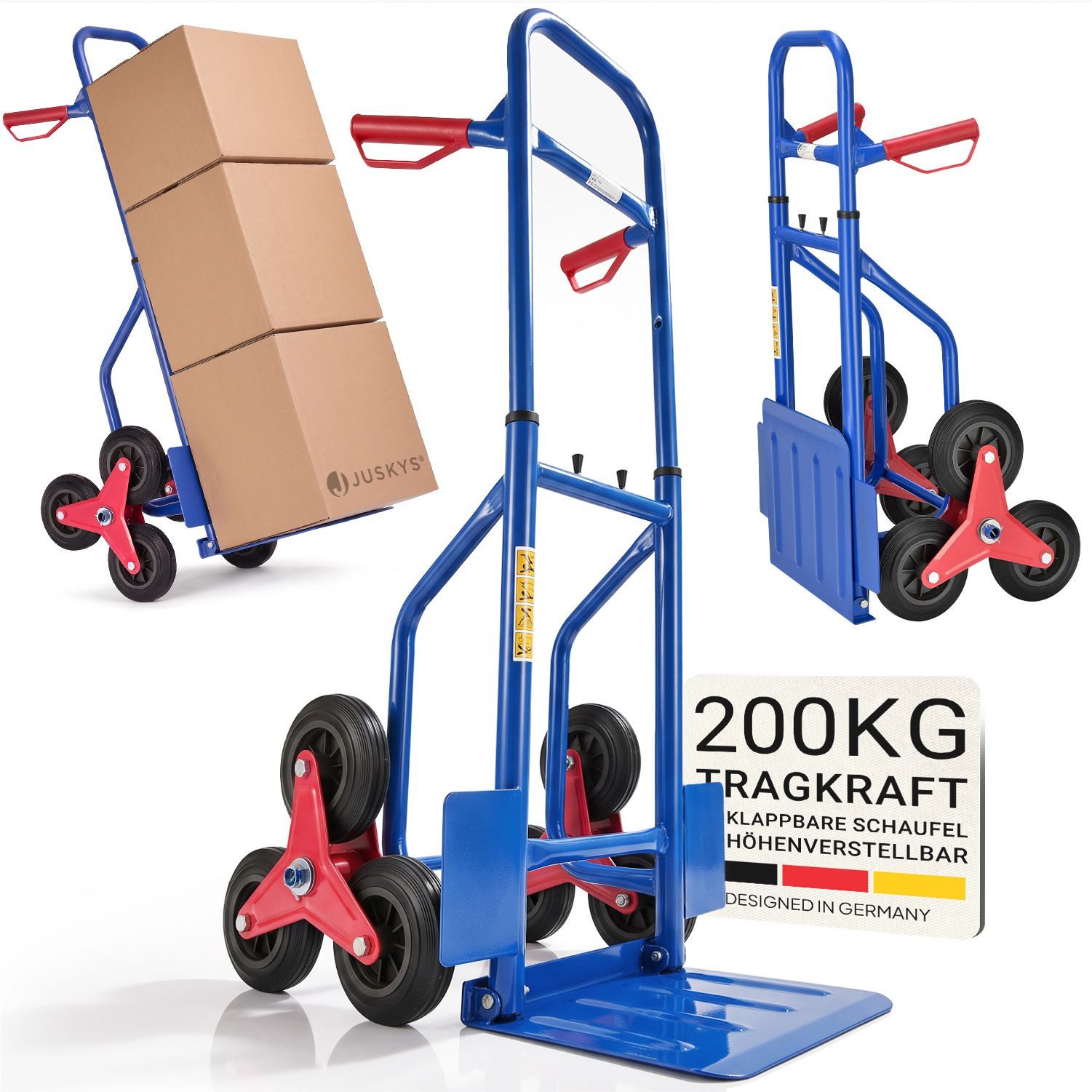 Juskys Treppensackkarre mit Dreikranzrädern & höhenverstellbarem Stahlgestell, bis 100 kg, Treppensteiger in Blau-Rot mit klappbarer Ladeschaufel 32 x 30 cm