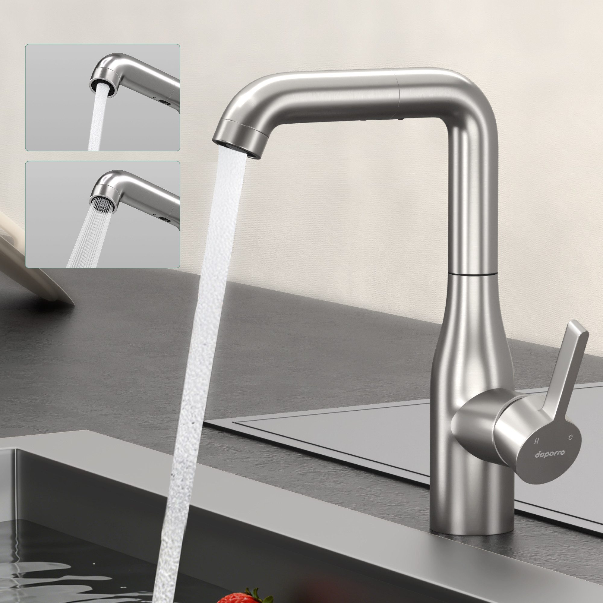 Mai & Mai Küchenarmatur Spültischarmatur 360° schwenkbar ausziehbar aus 304-Edelstahl Turnix04 Wasserhahn Küche mit Brause, 2 Strahlarten