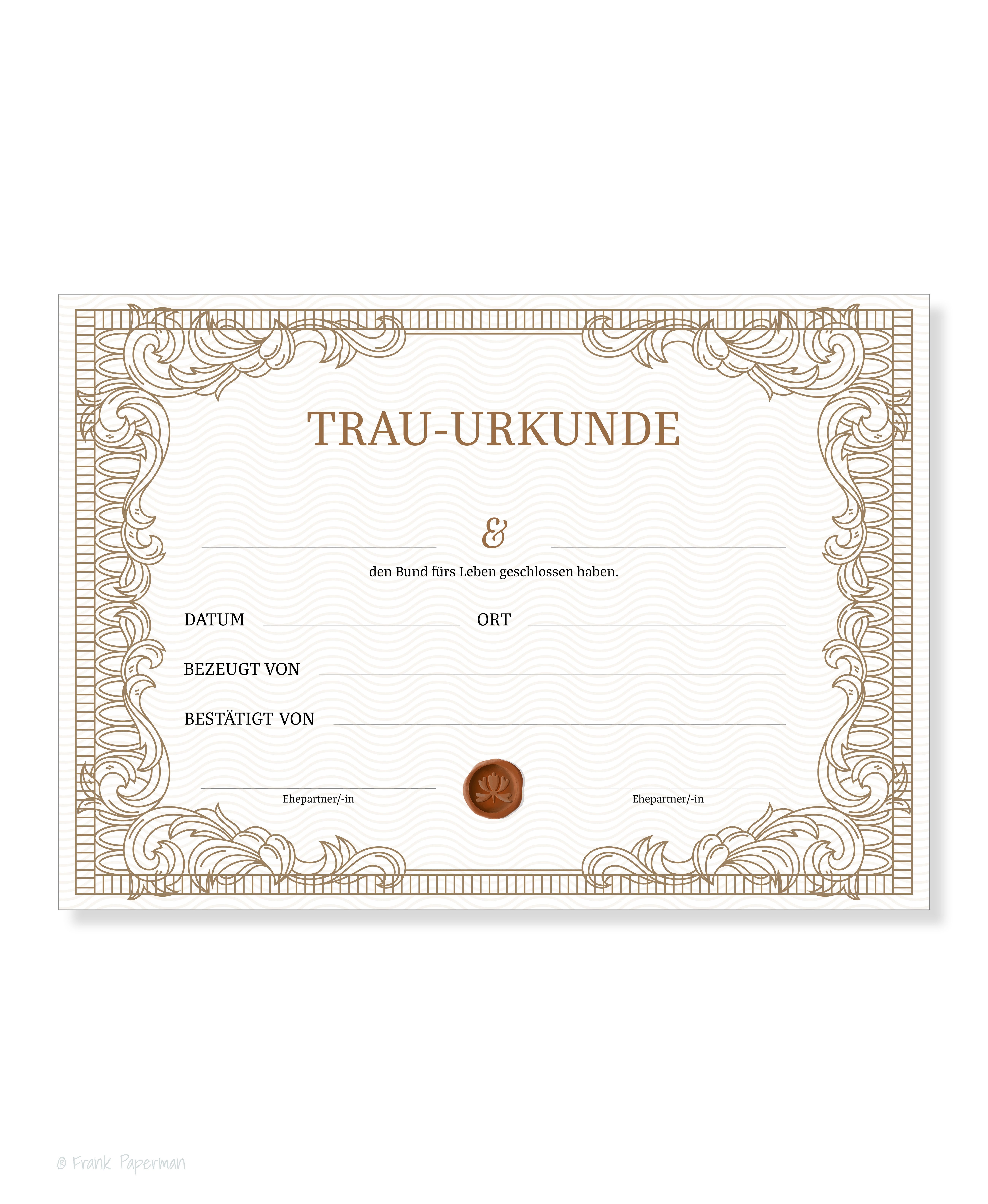Frank Paperman Hochzeitskarte Urkunde Eheschließung, Urkunde Trauzeuge, klassisches Design, orginelle Hochzeitsgeschenke, Vordruck im DIN-A4-Format, Standesamt