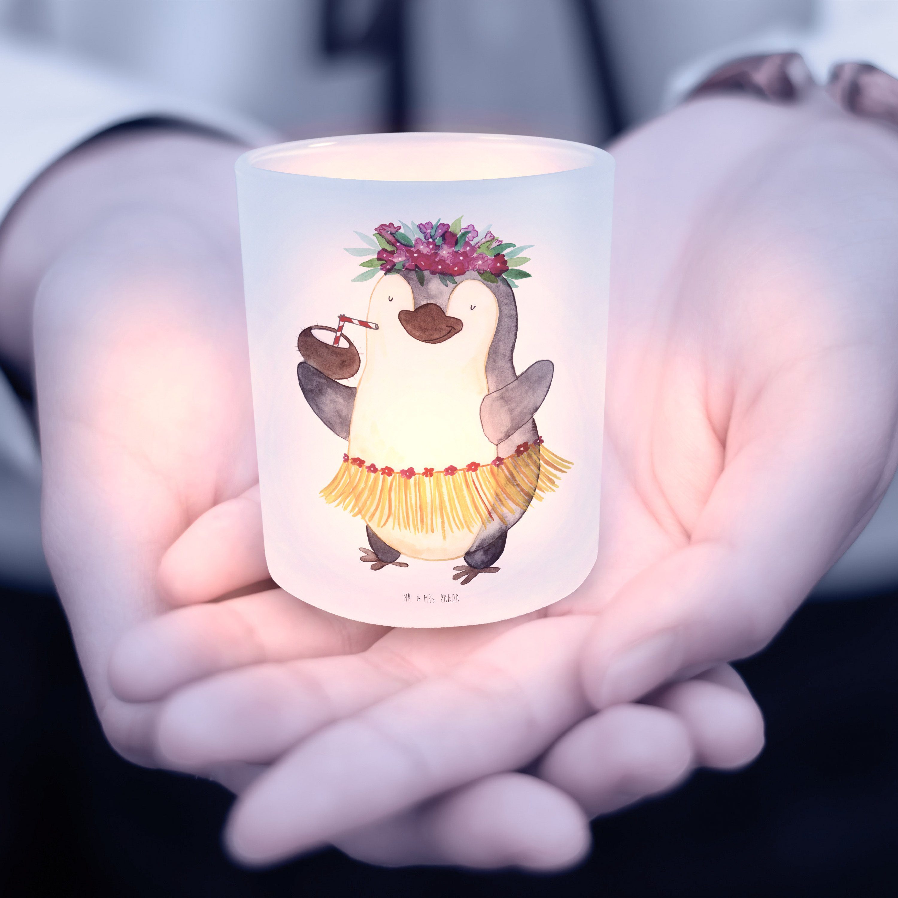 Mr. & Mrs. Panda Windlicht Pinguin Kokosnuss - Transparent - Geschenk, Kerzenglas, Hawaii, Urlau (1 St)