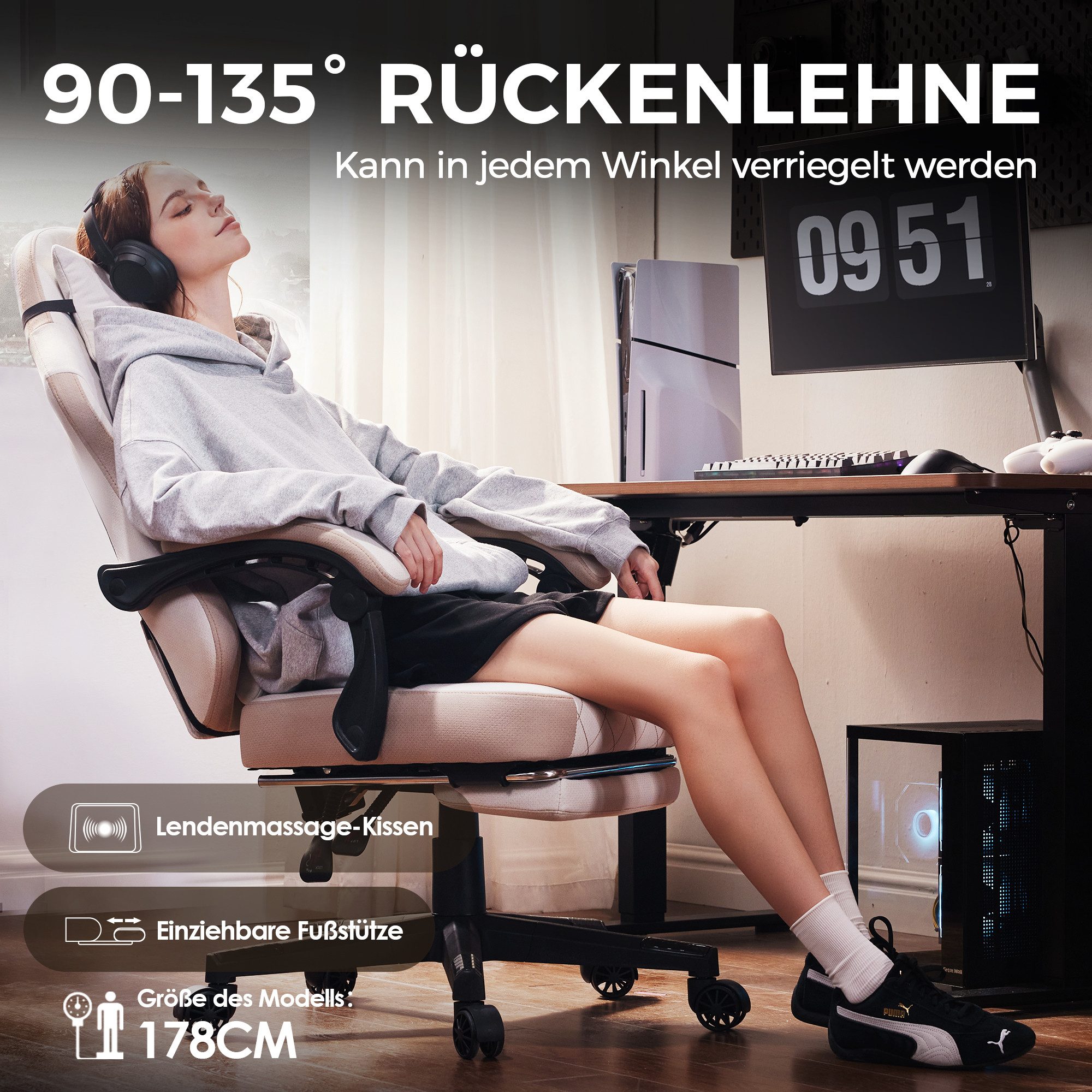 Dowinx Gaming-Stuhl Lendenwirbelstütze Bürostuhl mit Fußstütze für Erwachsene (Packung), Ergonomischer Gaming Sessel Groß und Hoch für Office Gaming 135KG – Bild 4 von 5