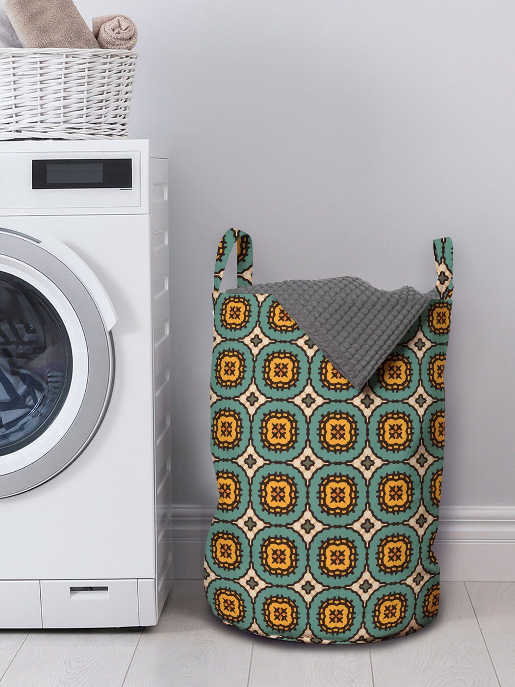 Griffen Wäschesäckchen Geometrische Waschsalons, Wäschekorb für Abstrakt Retro-Stil Fliese Abakuhaus Kordelzugverschluss mit