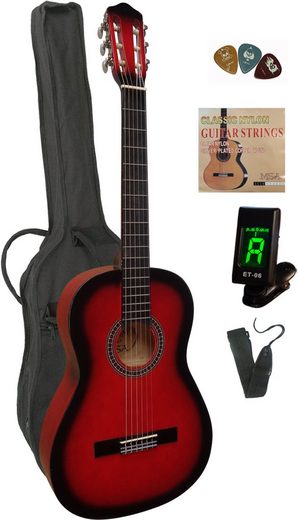 MSA Konzertgitarre 4/4, inkl. Gitarrentasche, Gitarrengurt, Saiten, 3 Plektren und Stimmgerät