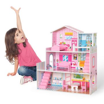 WISHDOR Puppenhaus Puppenhaus Spielset Hölzernes mit Möbeln und Zubehör Puppenhausmöbel, (Mit Schlafzimmer Wohnzimmer Esszimmer Badezimmer, 60.00(CM) x24.00(CM) x 70.00 (CM)LxWxH Pink), mit Zubehör für Puppen zwischen 7-12 cm, süßes großes Traumhaus, 3+