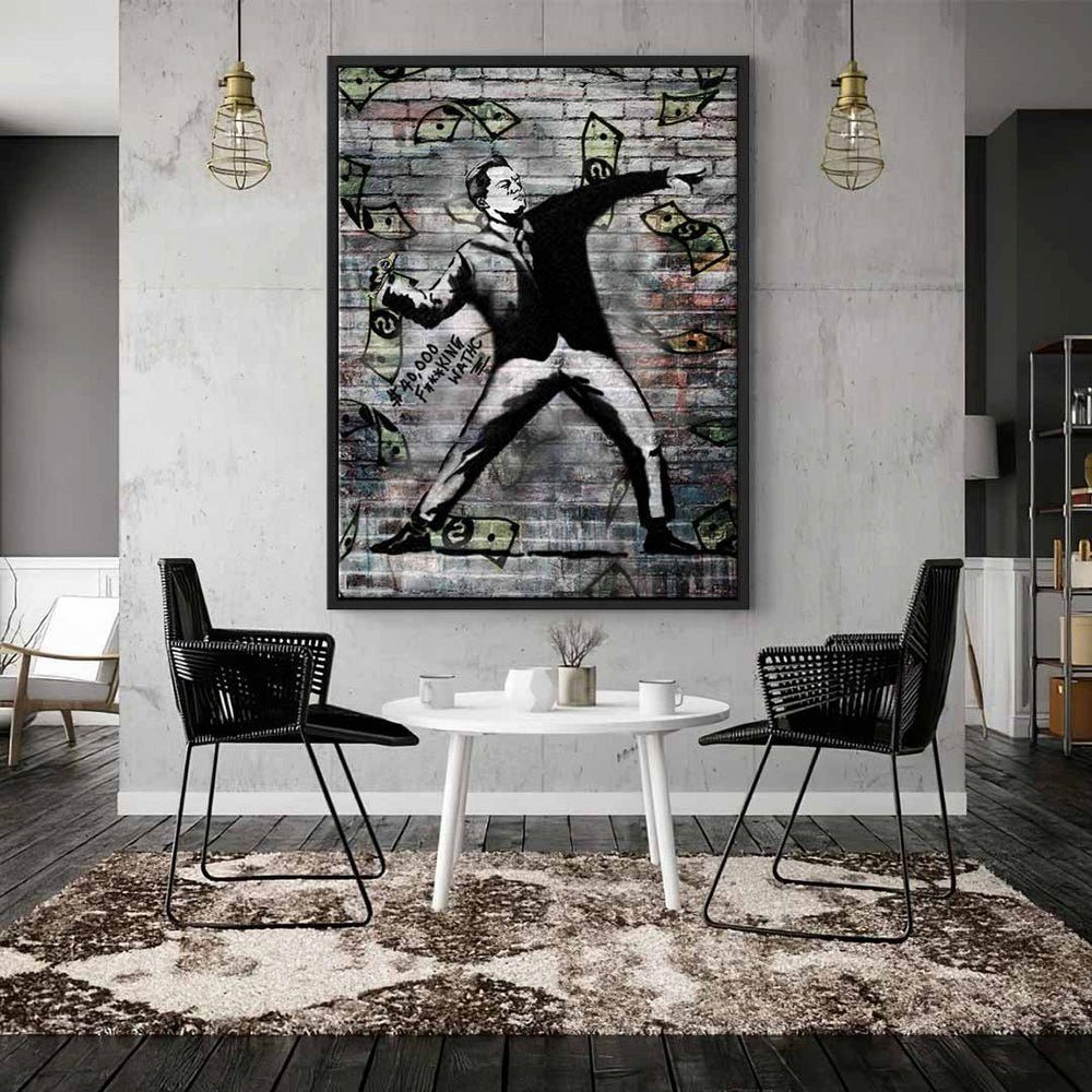 DOTCOMCANVAS® Leinwandbild, Leinwandbild Banksy geld premium schwarz Rahmen watch weiß streetart mit weißer 40k