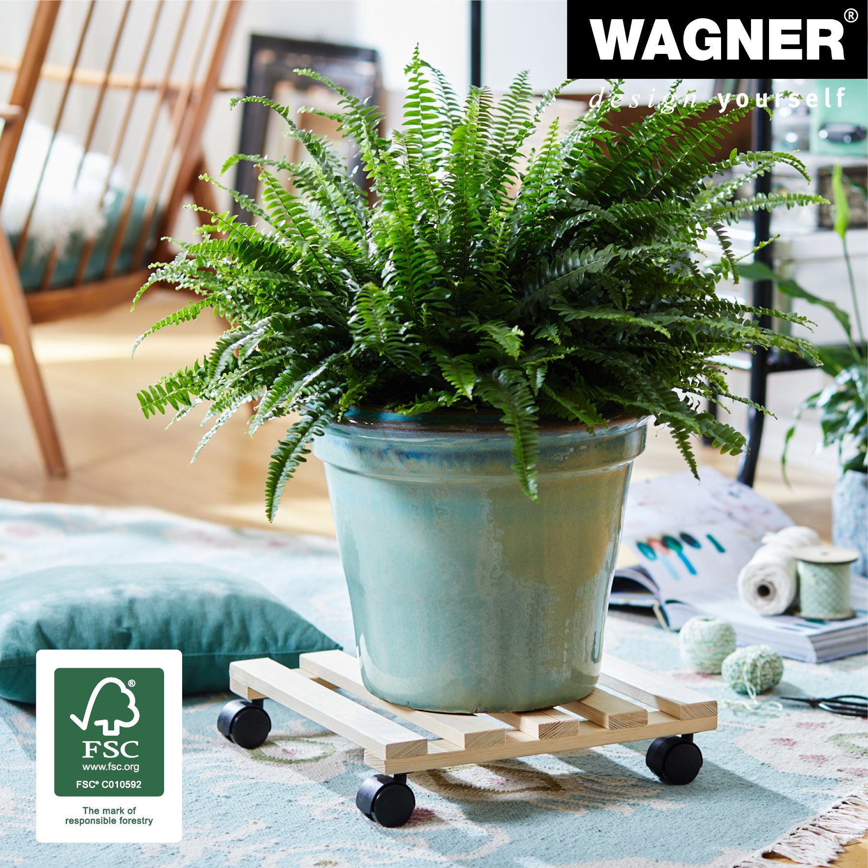 WAGNER design yourself Pflanzenroller PALETTI in diversen Größen I für Innenbereich I rund und eckig I aus FSC® Massivholz, natur I Tragkraft 100 kg - Made in EU
