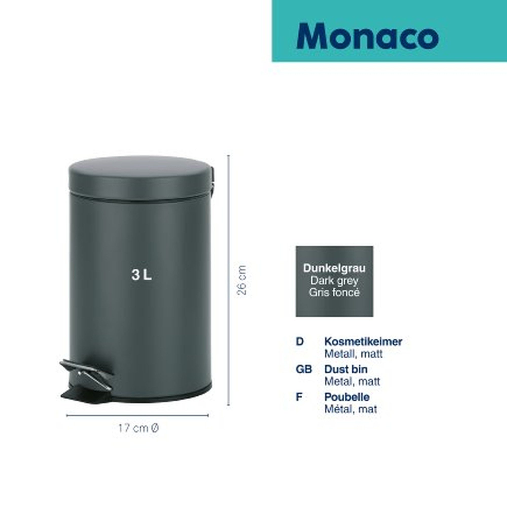 kela Kosmetikeimer Kosmetikeimer Monaco 3L Tretmülleimer aus Metall in Dunkelgrau