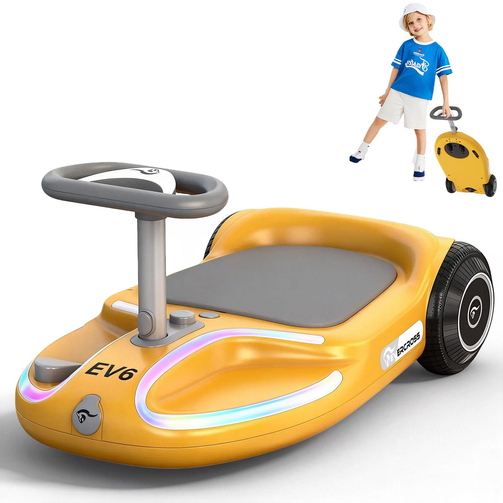 EVERCROSS TECH Elektro-Kinderauto EV6 Elektrisches Rutschauto mit 360°-Drehung & Bluetooth-Musik, 3-Gang-Modi, 25,2V Akku, Maximal 9 km/h,100+ Lichtmoden