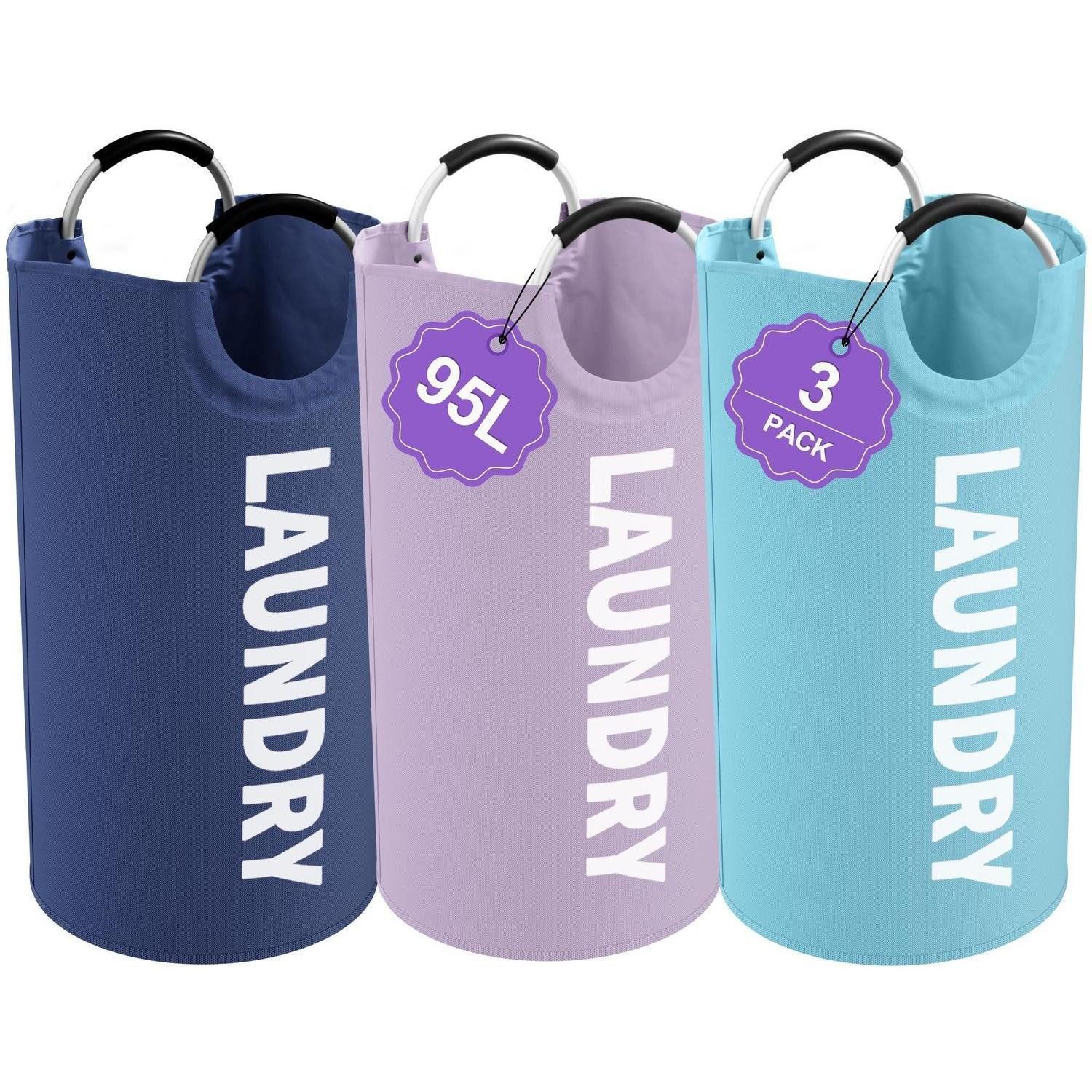 LuxusKollektion Wäschekorb Wäschekorb 95L 3er Pack faltbar Griffe L-95L Lila + Marineblau + Blau (3 St)